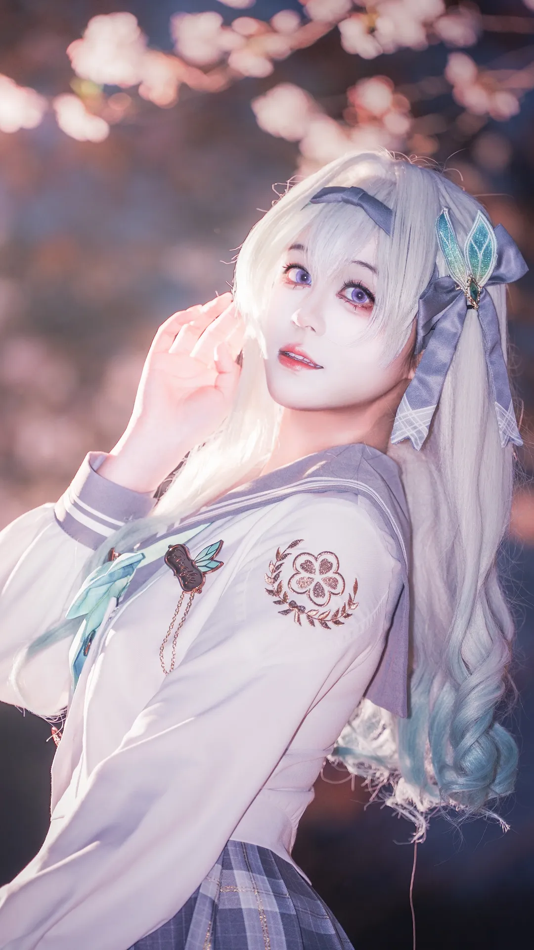 Honkai: Star Rail, Firefly cosplay, Cherry blossom outdoor scene, JK uniform, Cosplay photography - Image 3