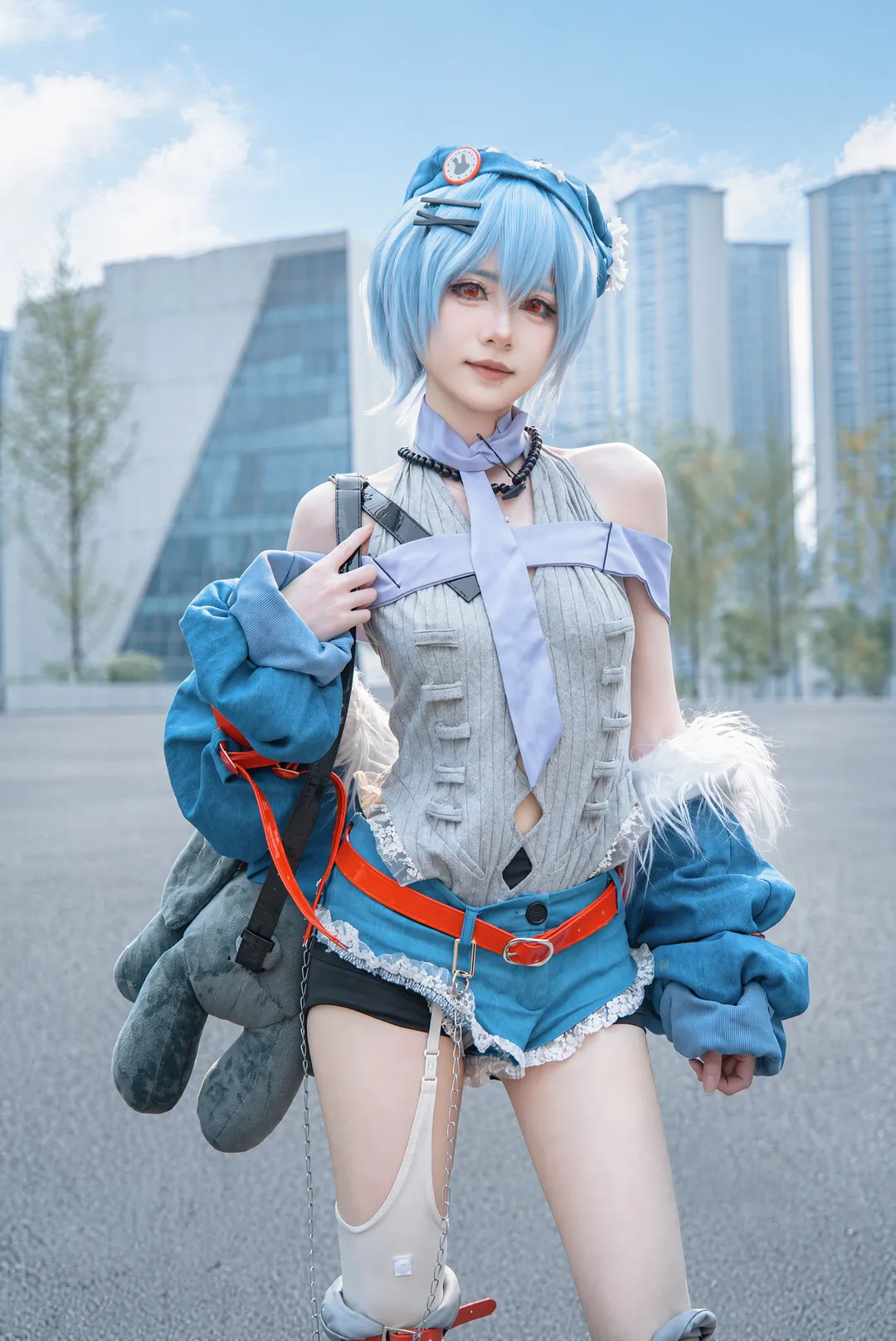 Anime-style photography, Rei Ayanami cosplay, Neon Genesis Evangelion, Cosplay photoshoot, Blue hair and red eyes