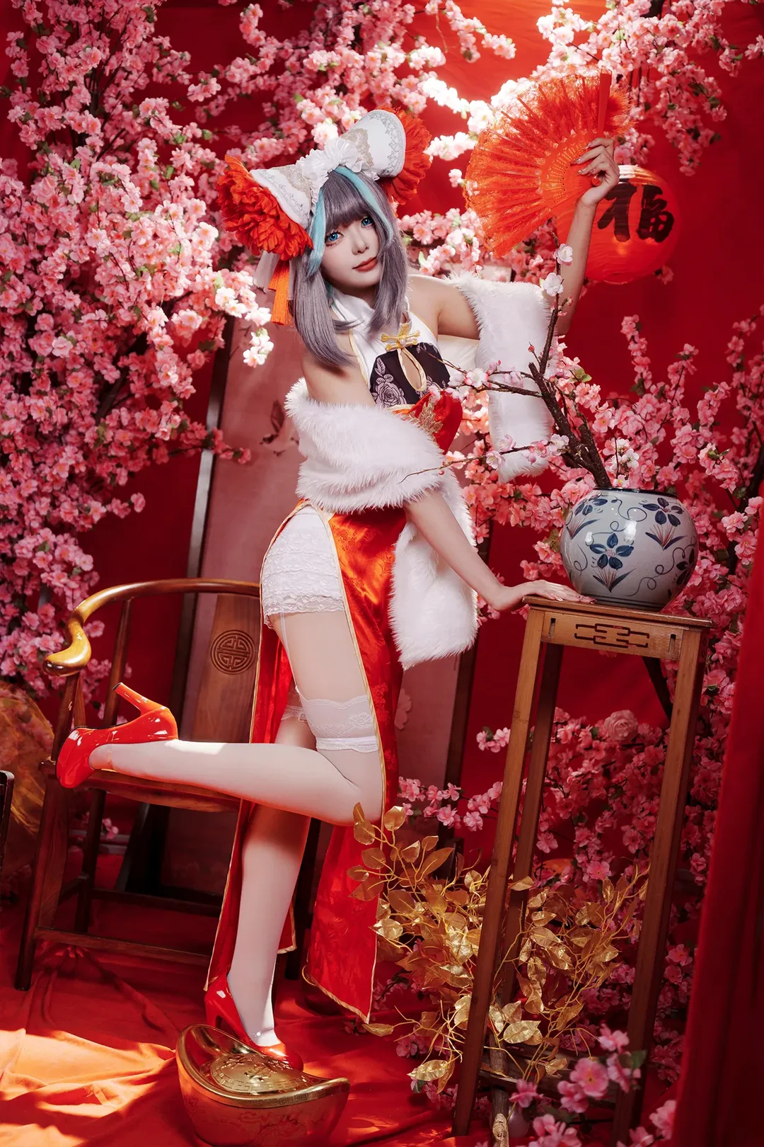 柴郡cos, 碧蓝航线, 二次元cosplay, 新年旗袍, 白丝cos - 第1张