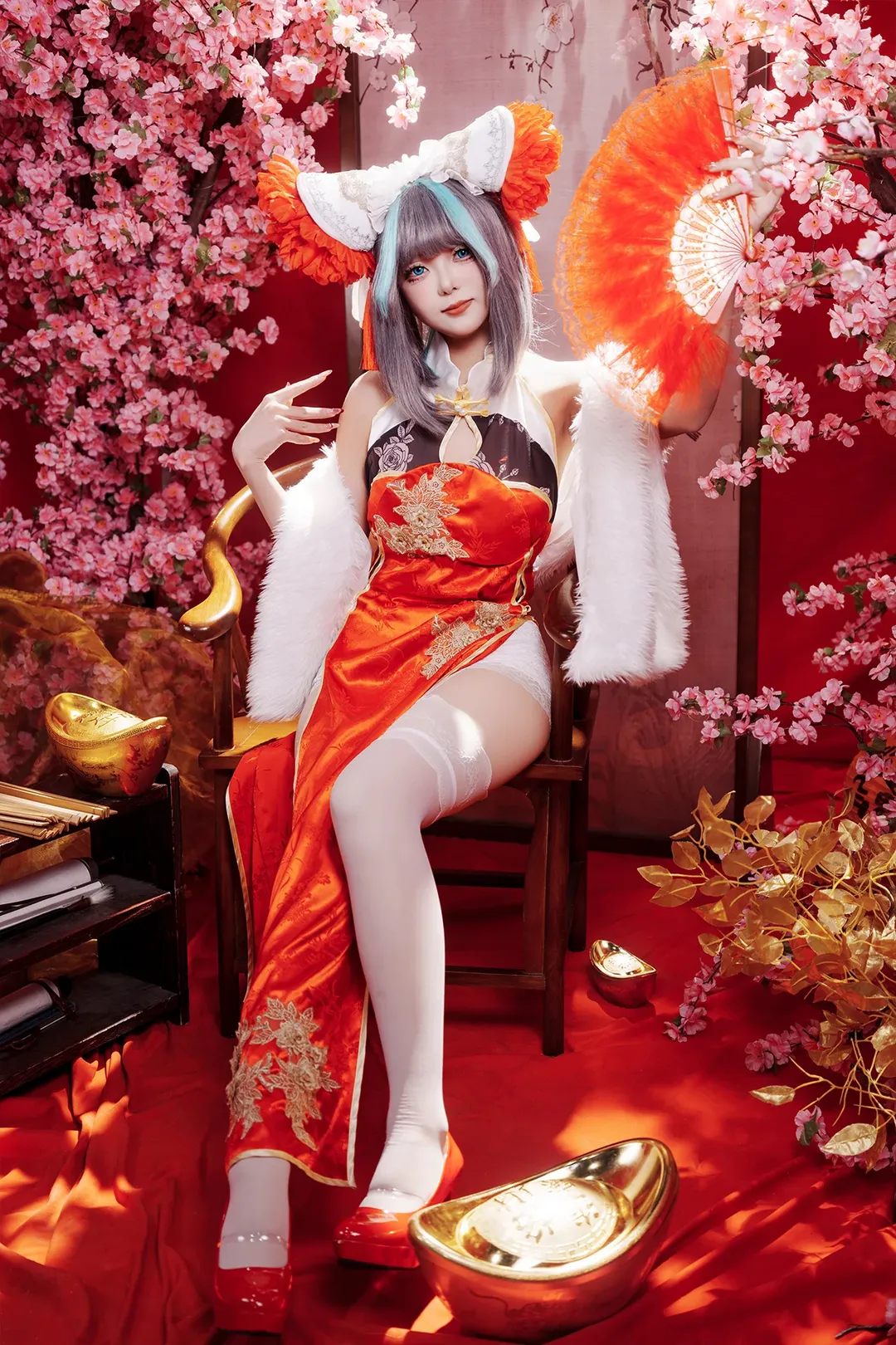 柴郡cos, 碧蓝航线, 二次元cosplay, 新年旗袍, 白丝cos - 第2张