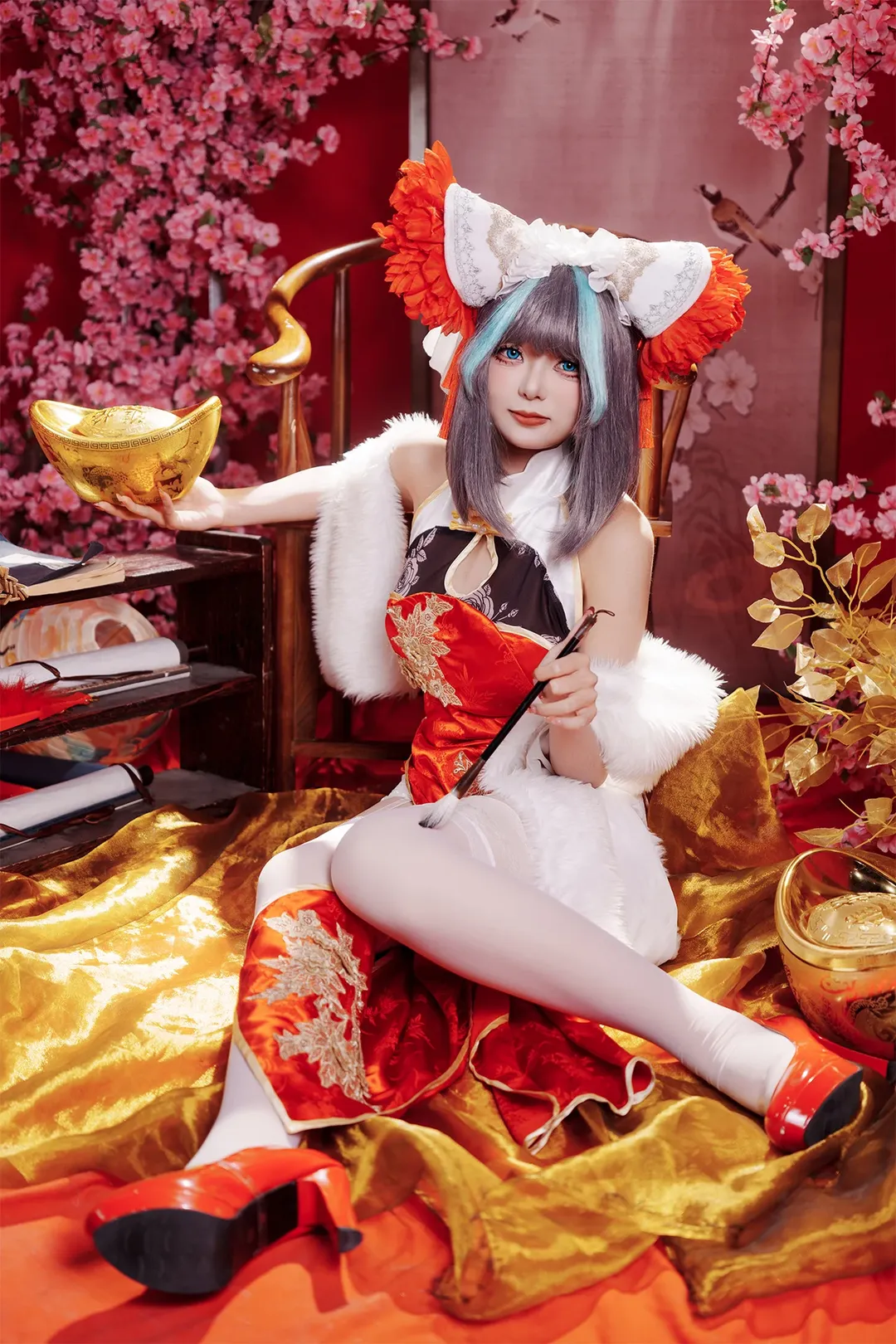 チェシャー コスプレ, アズールレーン, 二次元コスプレ, 新年チャイナドレス, 白タイツコスプレ