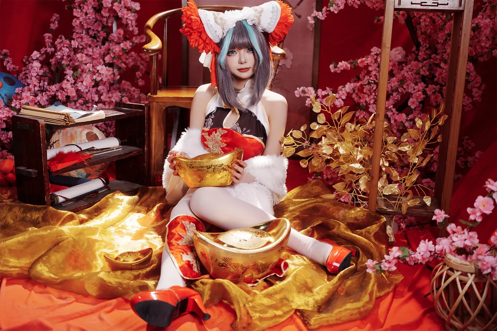 柴郡cos, 碧蓝航线, 二次元cosplay, 新年旗袍, 白丝cos - 第4张