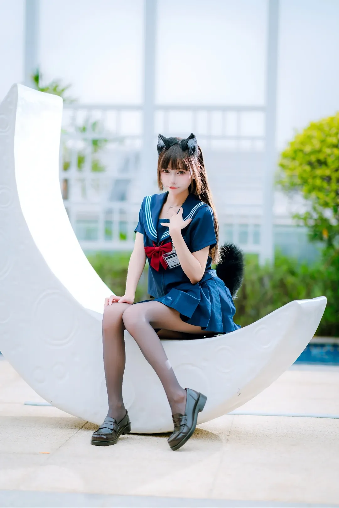 黒タイツ コーデ, イベント外ロケ, セーラー服少女, JK制服コスプレ, 猫娘スタイル - 4枚目
