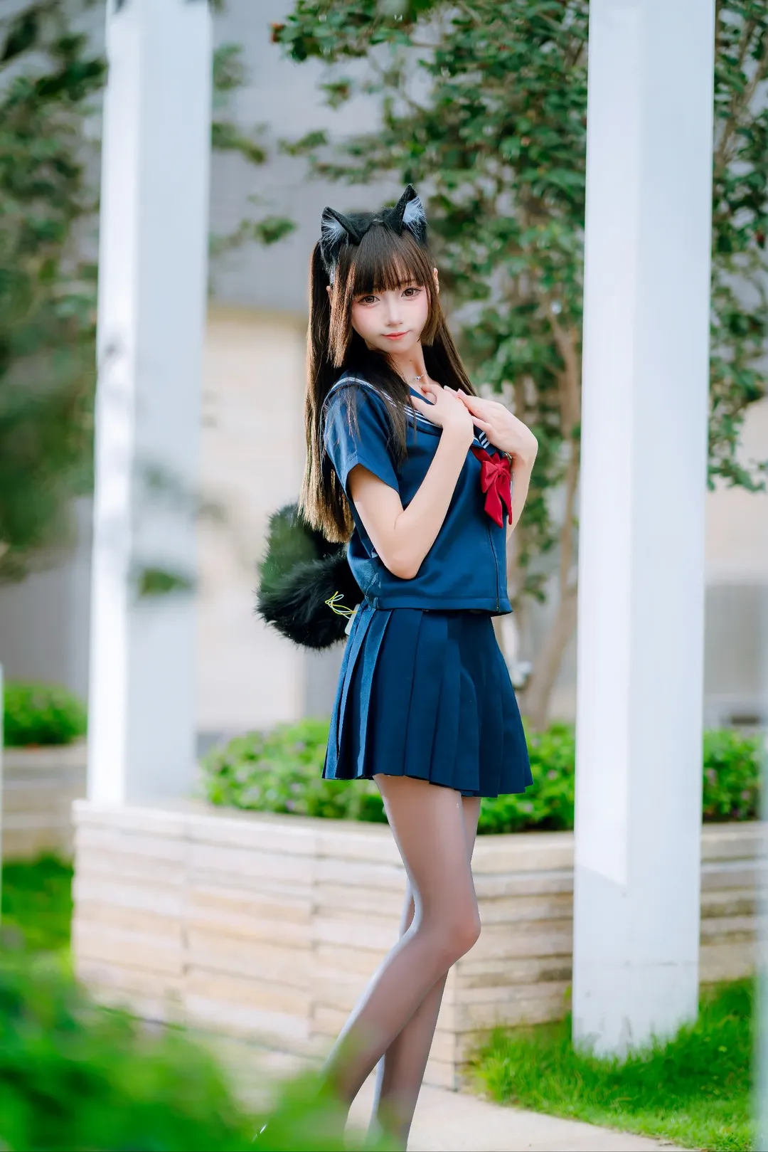 黒タイツ コーデ, イベント外ロケ, セーラー服少女, JK制服コスプレ, 猫娘スタイル - 7枚目