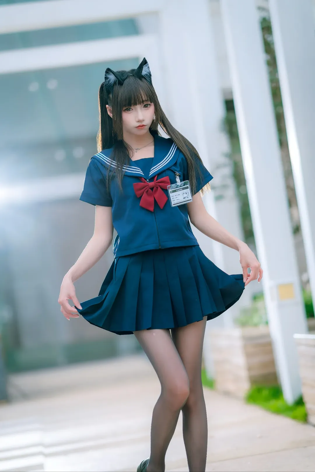黒タイツ コーデ, イベント外ロケ, セーラー服少女, JK制服コスプレ, 猫娘スタイル - 9枚目