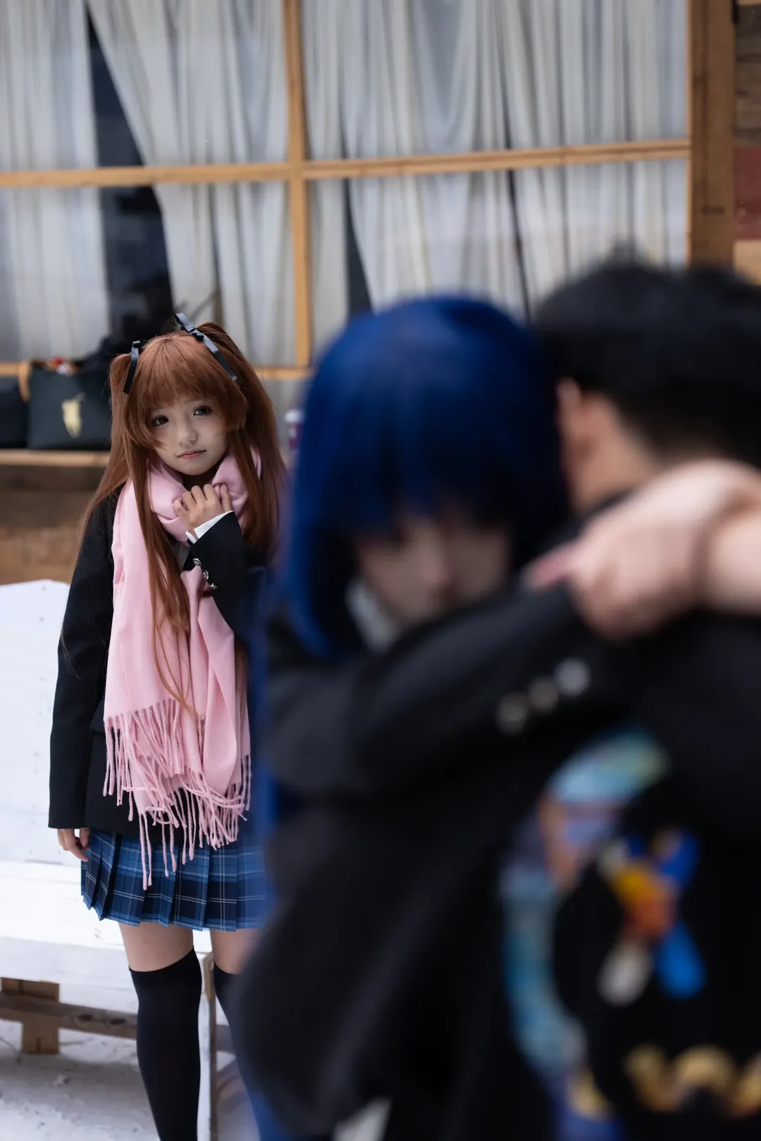 Snowscape photography, Over-the-knee socks outfit, Winter school uniform cosplay, JK plaid skirt, Recreation of iconic 2D scenes - Image 5