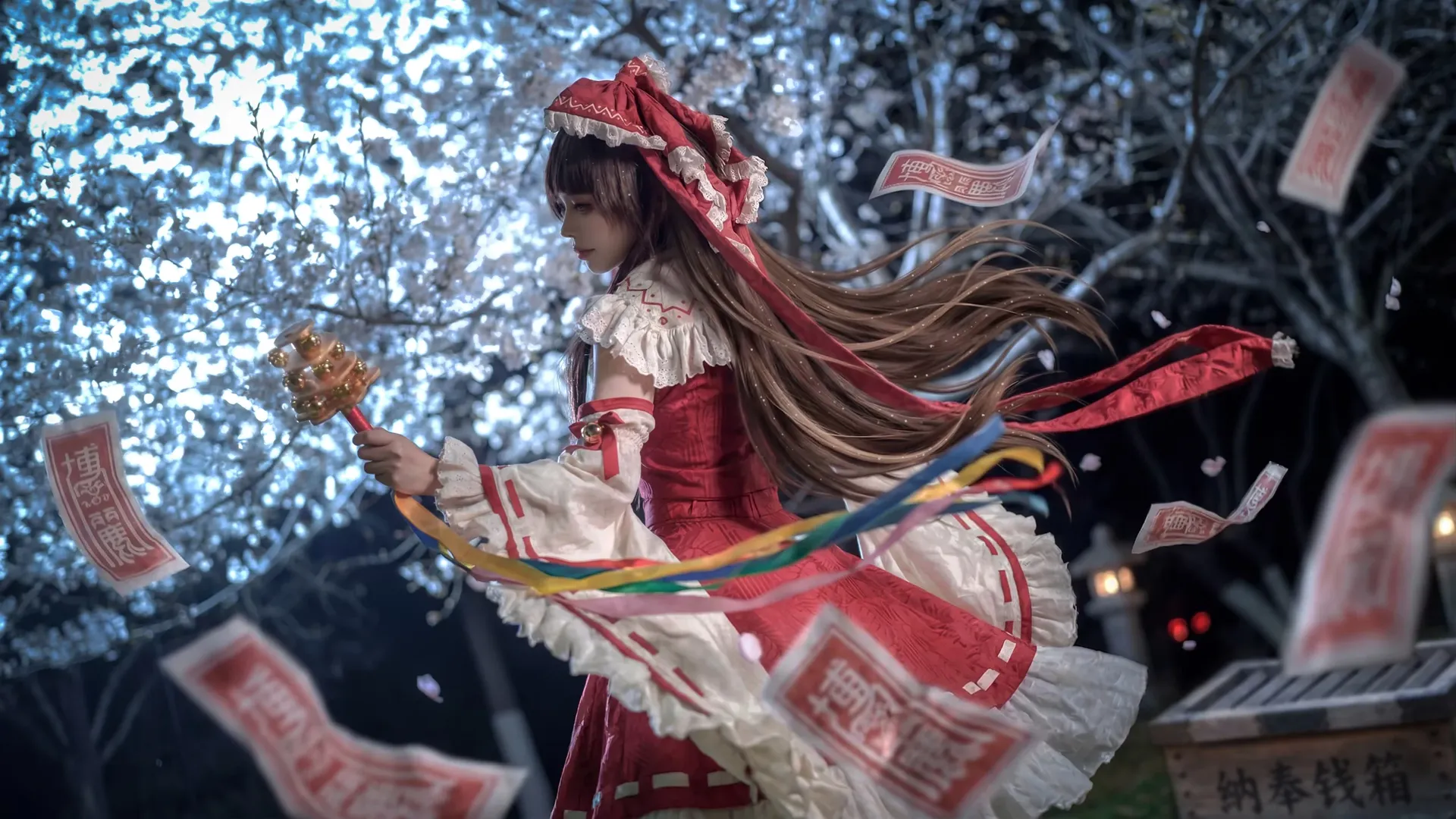 博丽灵梦cos, 东方project, 夜景cos, 樱花写真, 神社风