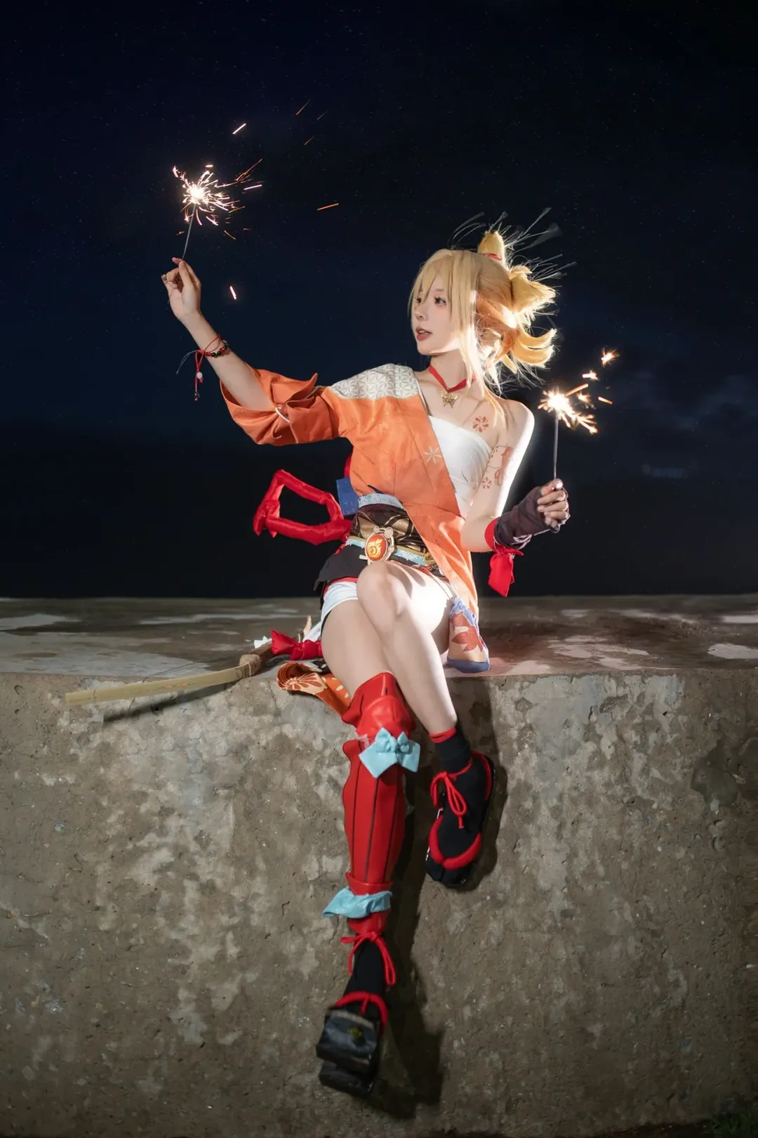 原神, 夜景摄影, 宵宫cos, 外景cosplay, 仙女棒写真 - 第4张