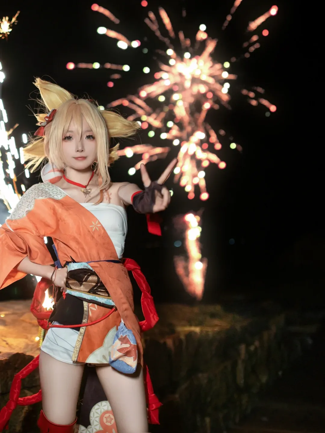 原神, 夜景摄影, 宵宫cos, 外景cosplay, 仙女棒写真