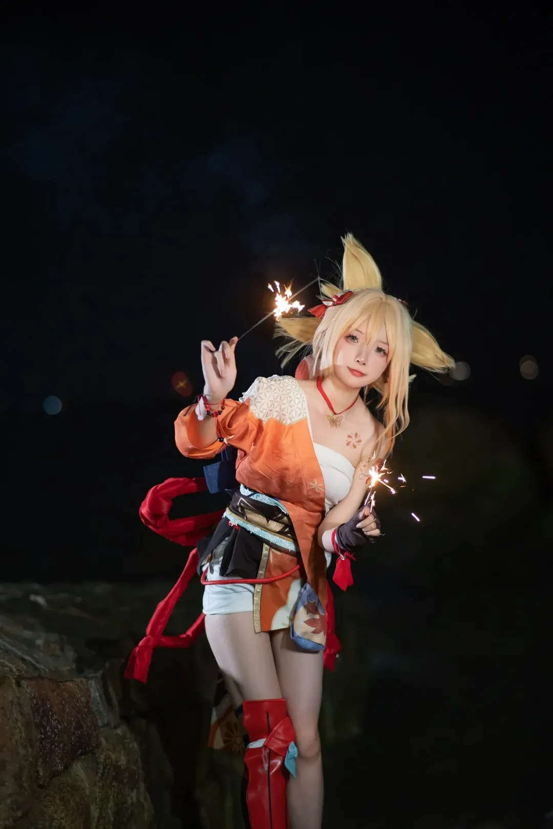 原神, 夜景摄影, 宵宫cos, 外景cosplay, 仙女棒写真 - 第7张