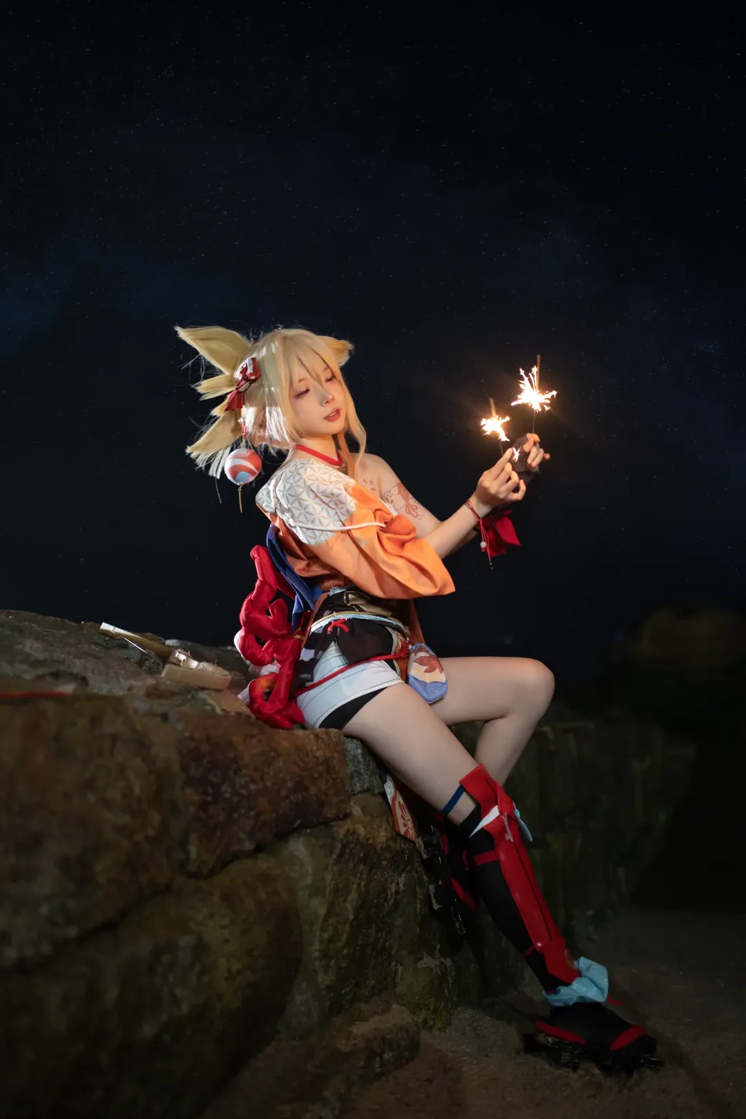 原神, 夜景摄影, 宵宫cos, 外景cosplay, 仙女棒写真 - 第9张