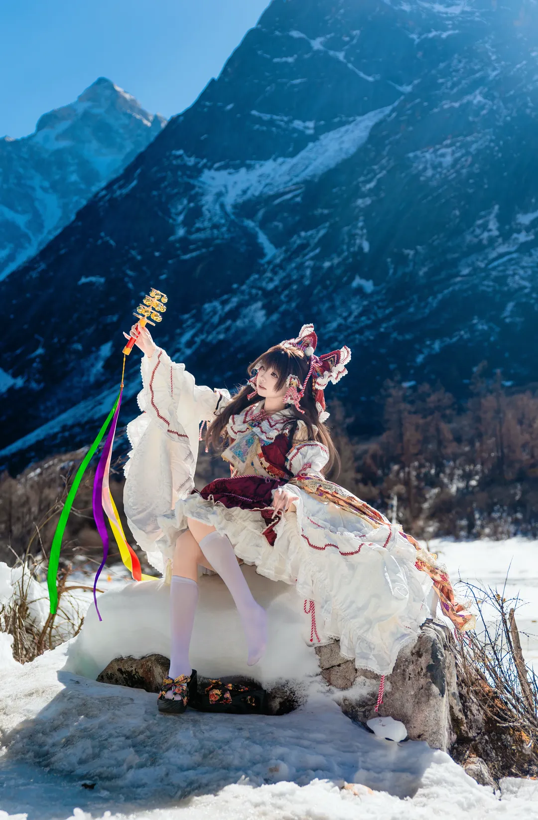 东方project, cos正片, 灵梦cos, 巫女服, 雪山摄影