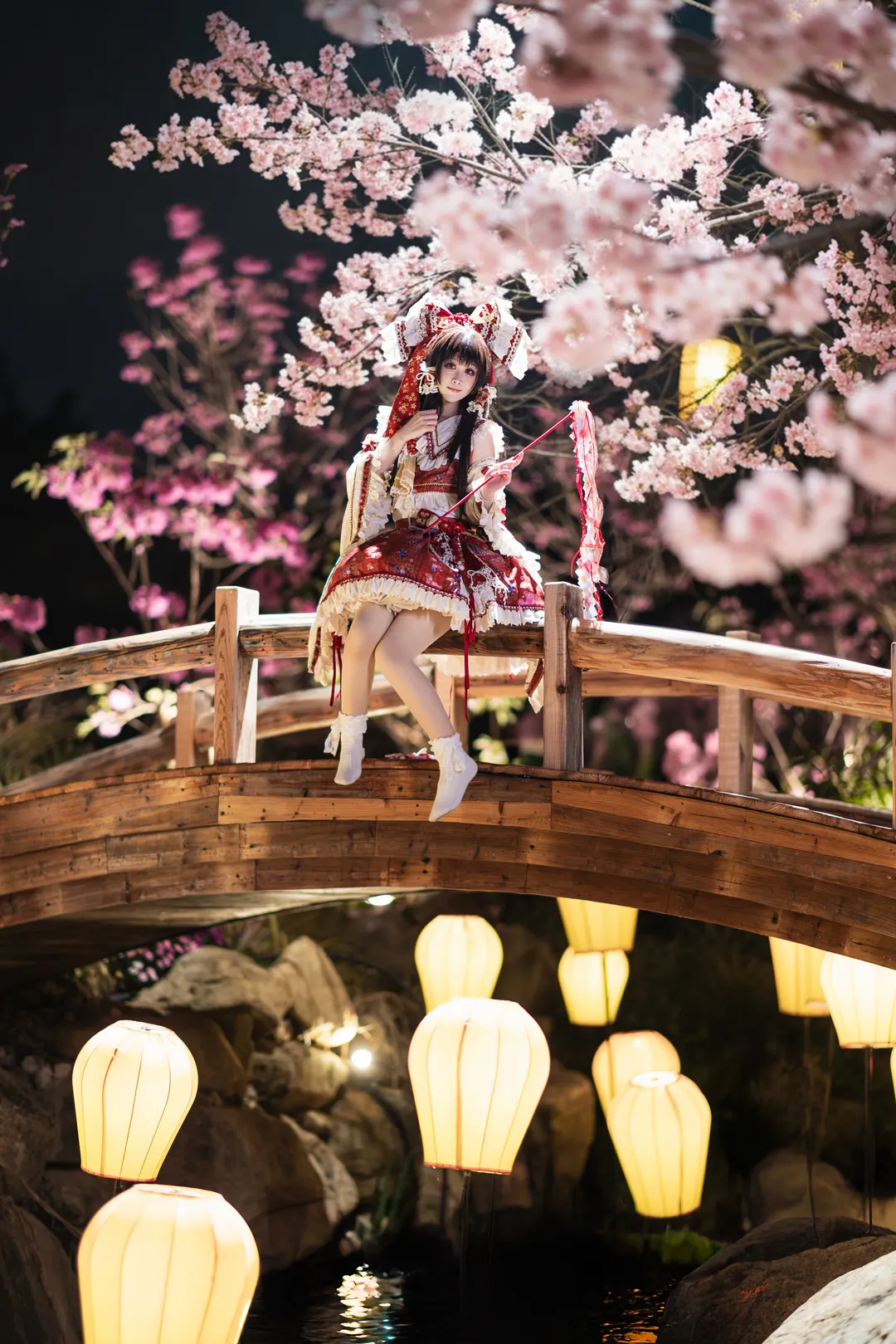 cosplay, 东方project, 夜樱, 灵梦cos, 夜景写真 - 第1张
