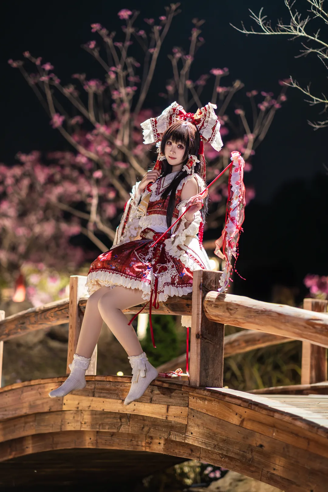 cosplay, 东方project, 夜樱, 灵梦cos, 夜景写真