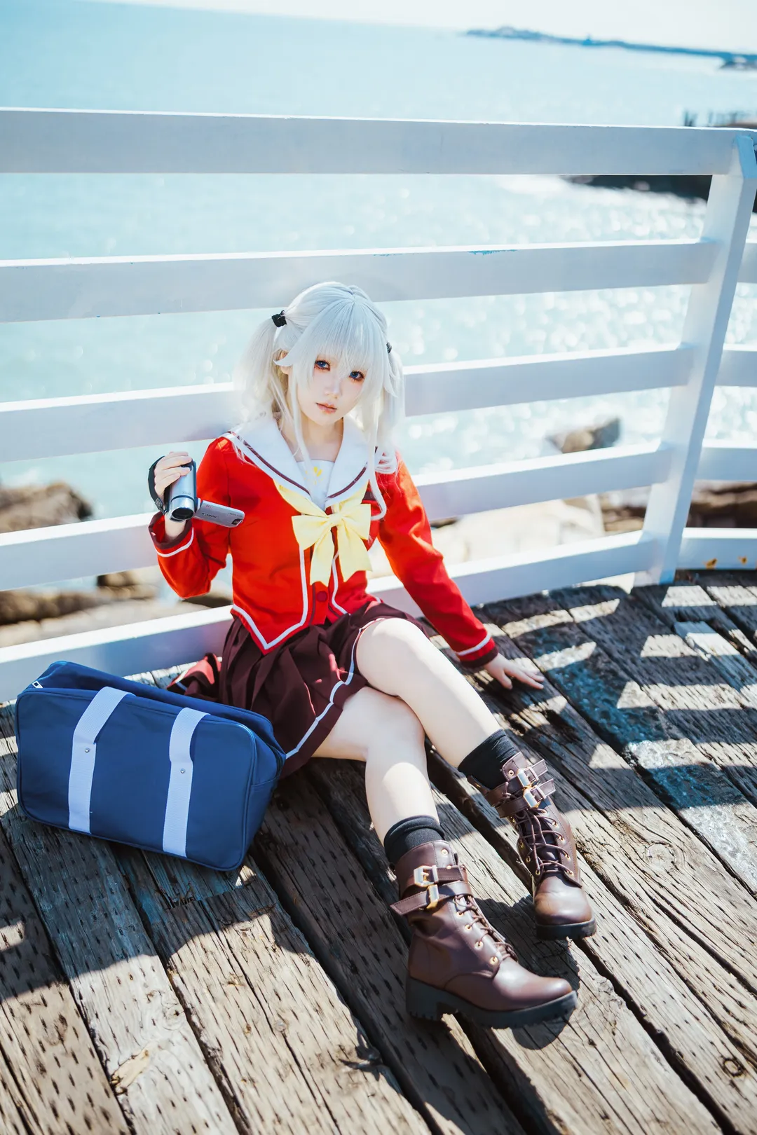 海边cosplay, 银发双马尾, 校园风写真, Charlotte, 友莉奈绪cos - 第10张