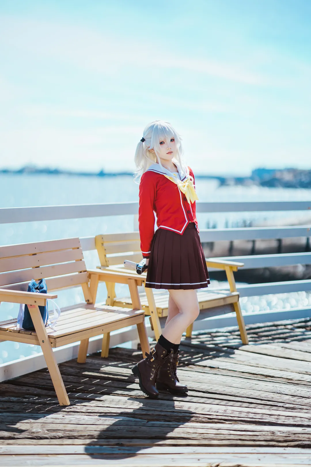 海边cosplay, 银发双马尾, 校园风写真, Charlotte, 友莉奈绪cos - 第14张