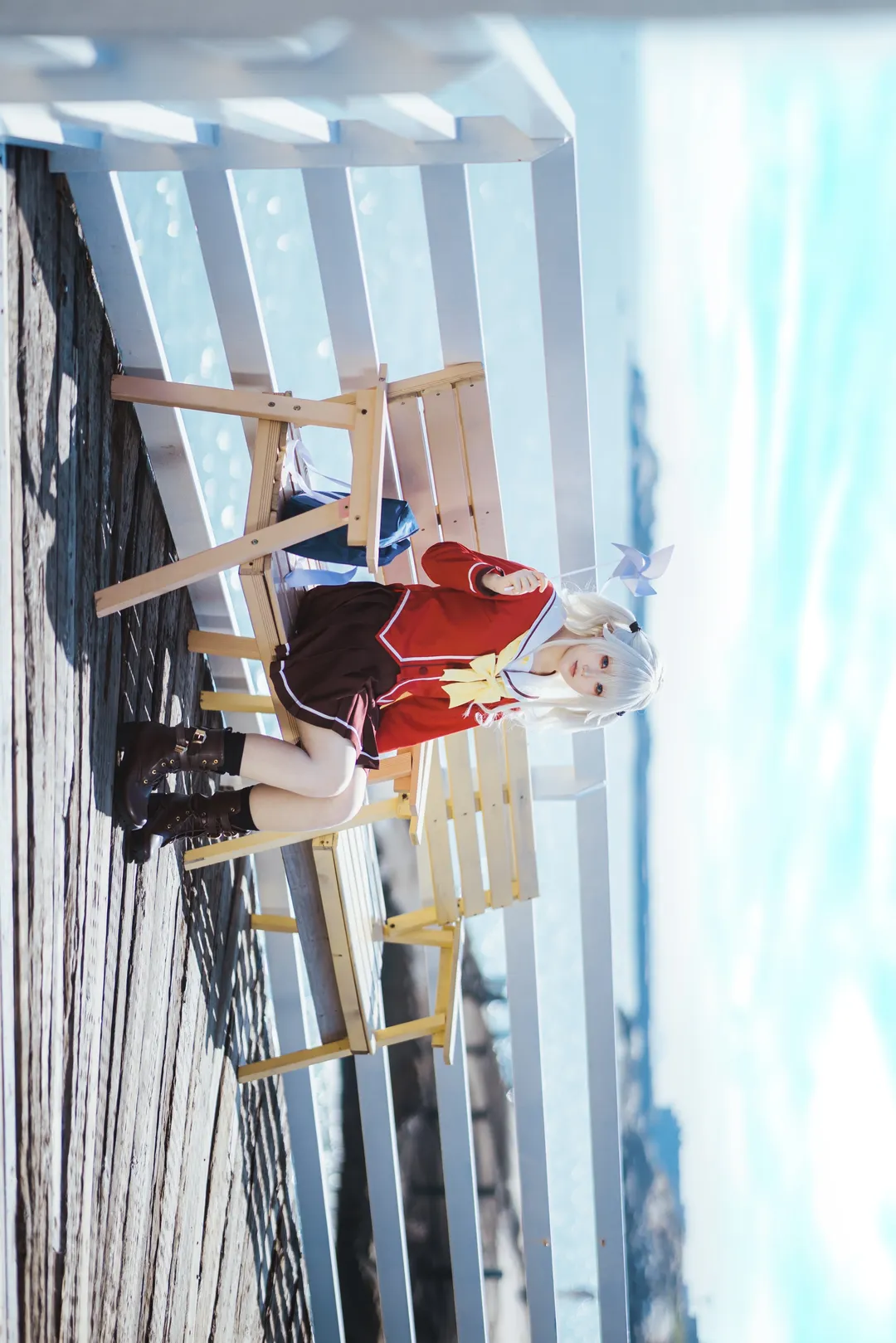 海边cosplay, 银发双马尾, 校园风写真, Charlotte, 友莉奈绪cos - 第15张