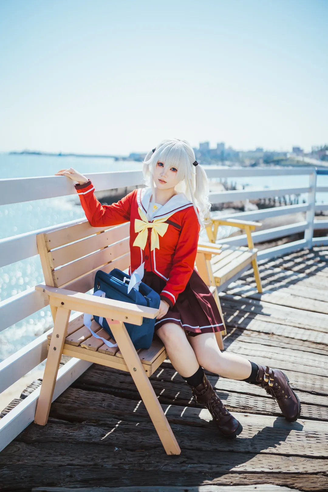 Seaside cosplay, Silver-haired twin tails, Campus-style photo shoot, Charlotte, Nero Tomori cosplay