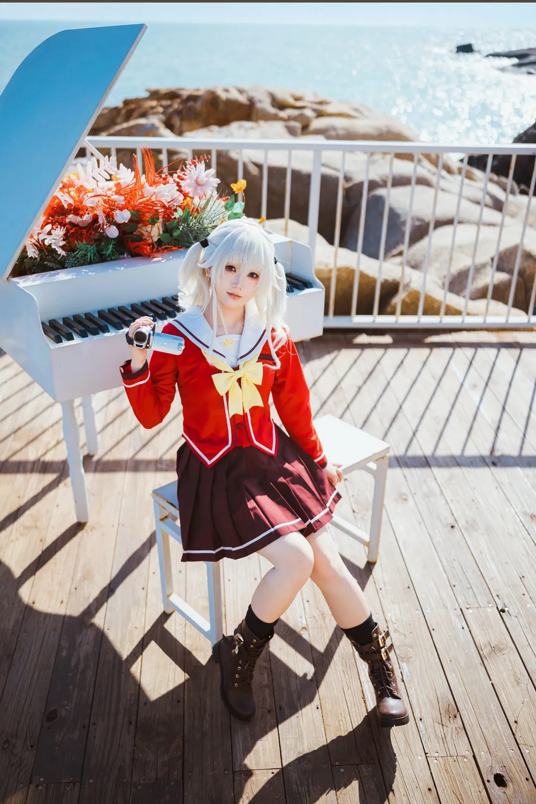 海边cosplay, 银发双马尾, 校园风写真, Charlotte, 友莉奈绪cos - 第6张
