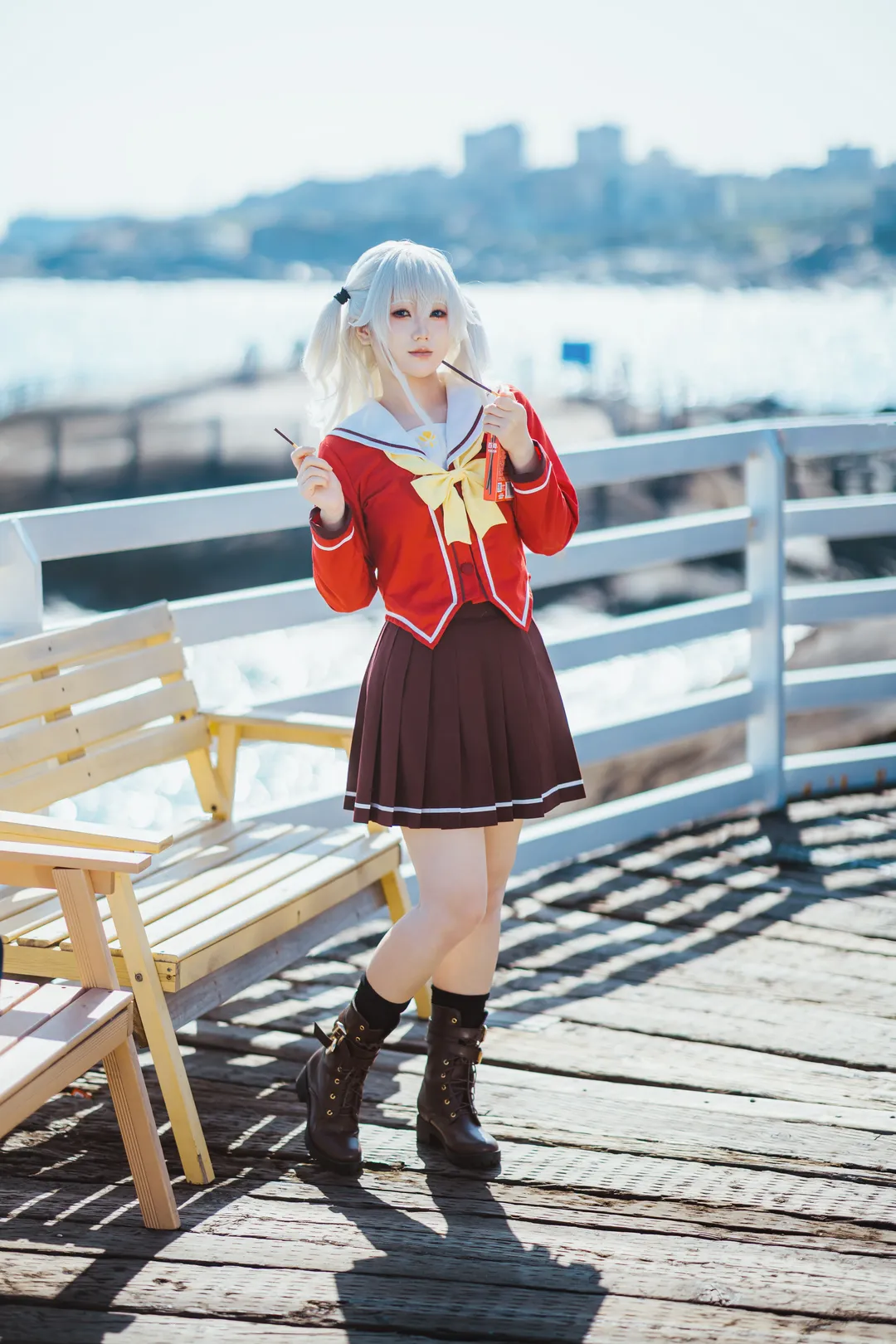 海边cosplay, 银发双马尾, 校园风写真, Charlotte, 友莉奈绪cos - 第9张
