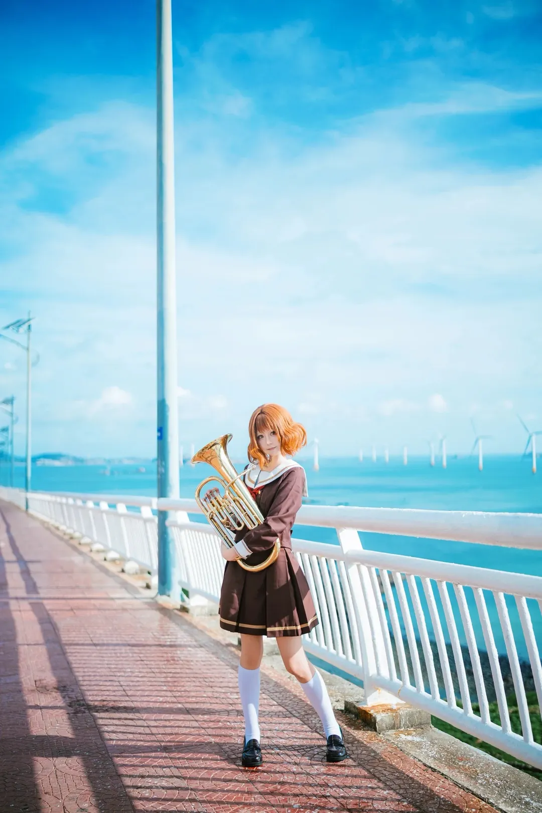 Cosplay photography, Anime-style photoshoot, Pingtan travel photoshoot, Seaside uniform, Euphonium prop - Image 1
