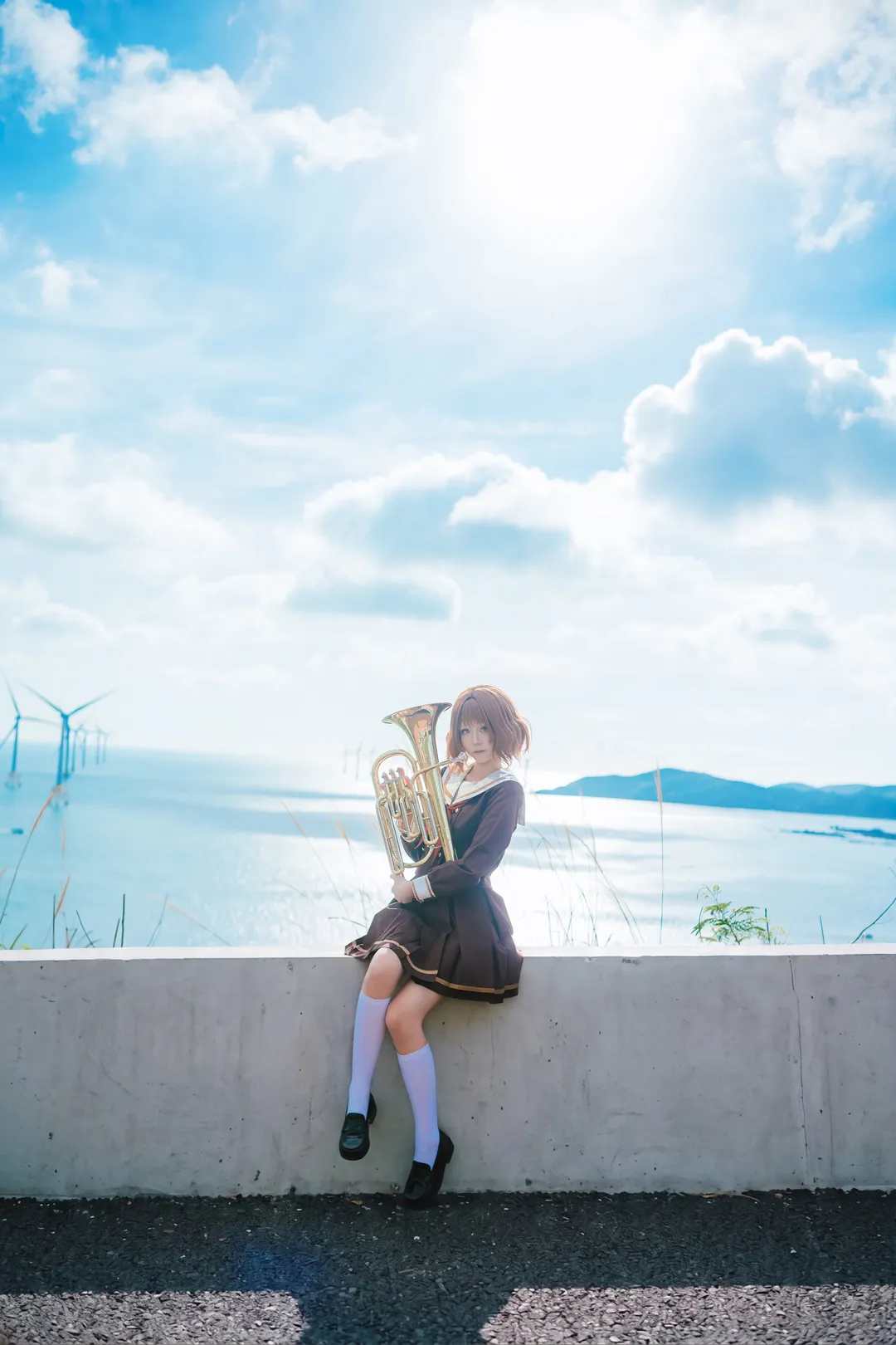 Cosplay photography, Anime-style photoshoot, Pingtan travel photoshoot, Seaside uniform, Euphonium prop - Image 3
