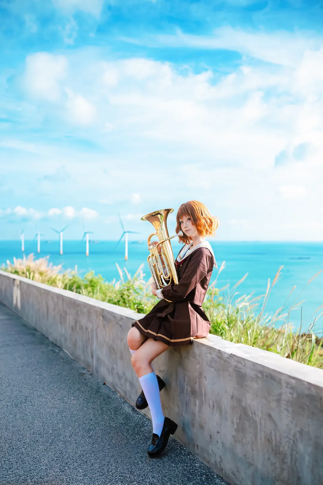 Cosplay photography, Anime-style photoshoot, Pingtan travel photoshoot, Seaside uniform, Euphonium prop - Image 4