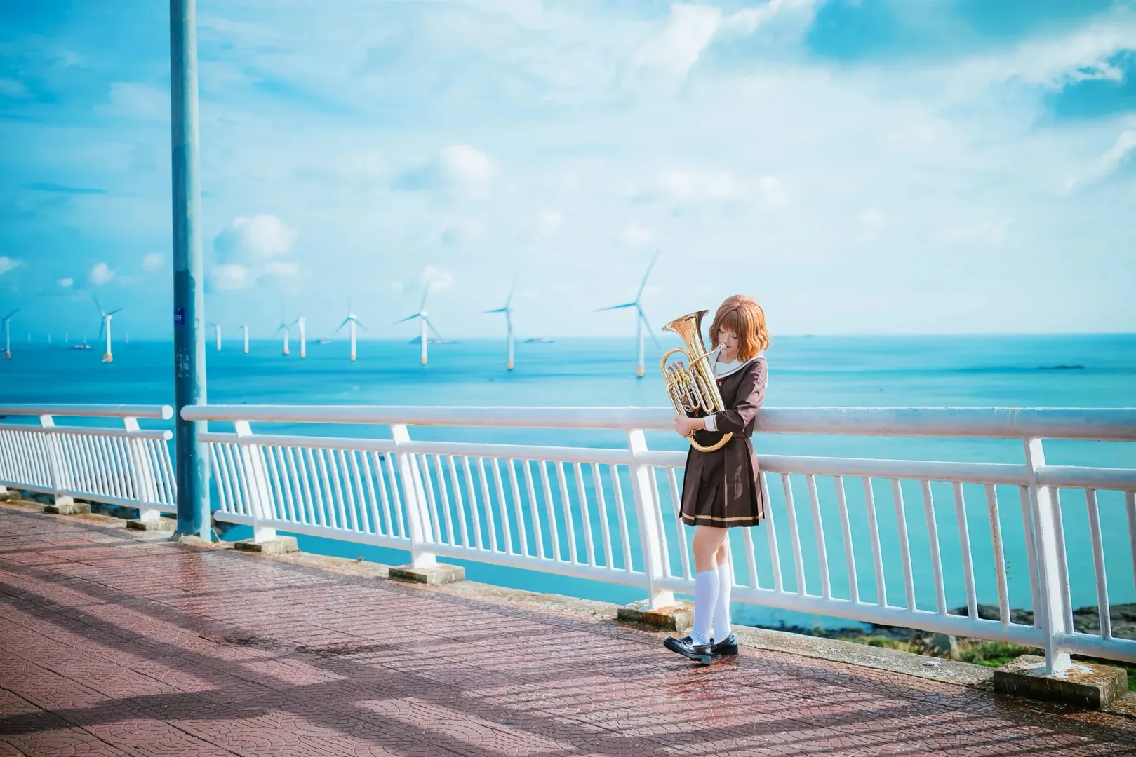 Cosplay photography, Anime-style photoshoot, Pingtan travel photoshoot, Seaside uniform, Euphonium prop - Image 5