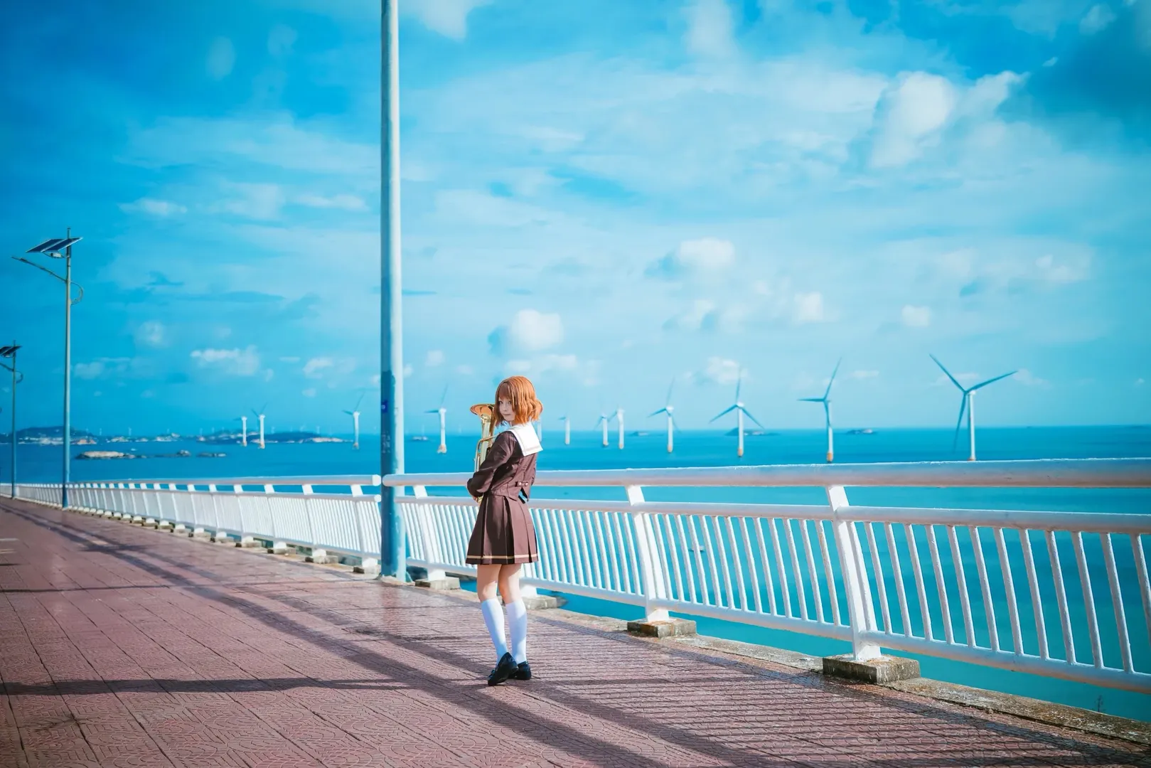 Cosplay photography, Anime-style photoshoot, Pingtan travel photoshoot, Seaside uniform, Euphonium prop - Image 6