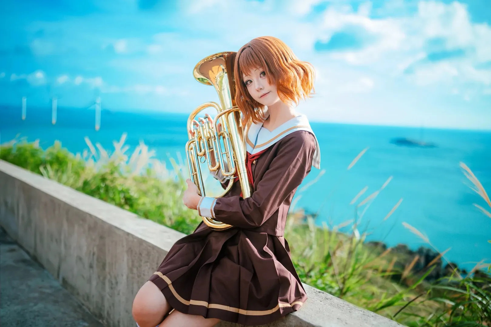 Cosplay photography, Anime-style photoshoot, Pingtan travel photoshoot, Seaside uniform, Euphonium prop - Image 7