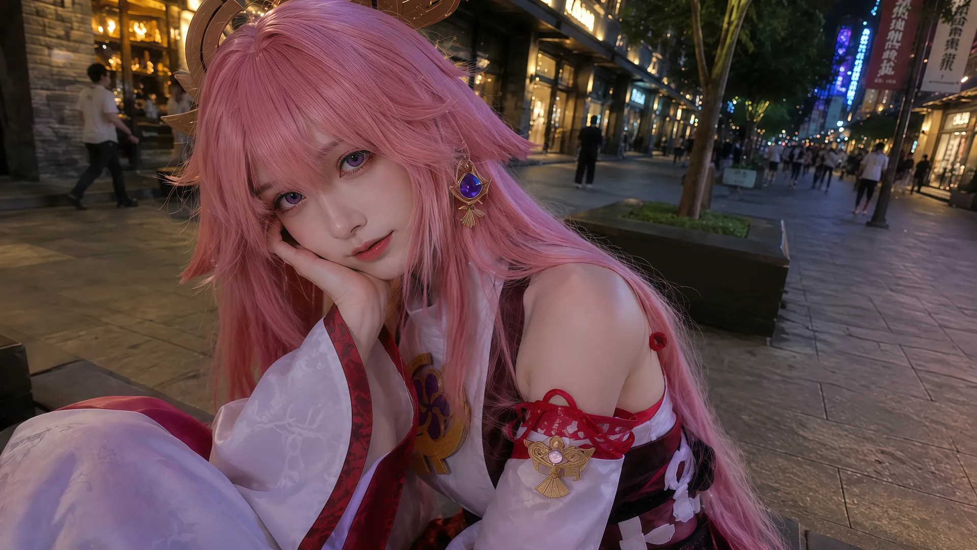 原神, 二次元cosplay, 八重神子cos, 漫展街头随拍, 夜拍人像