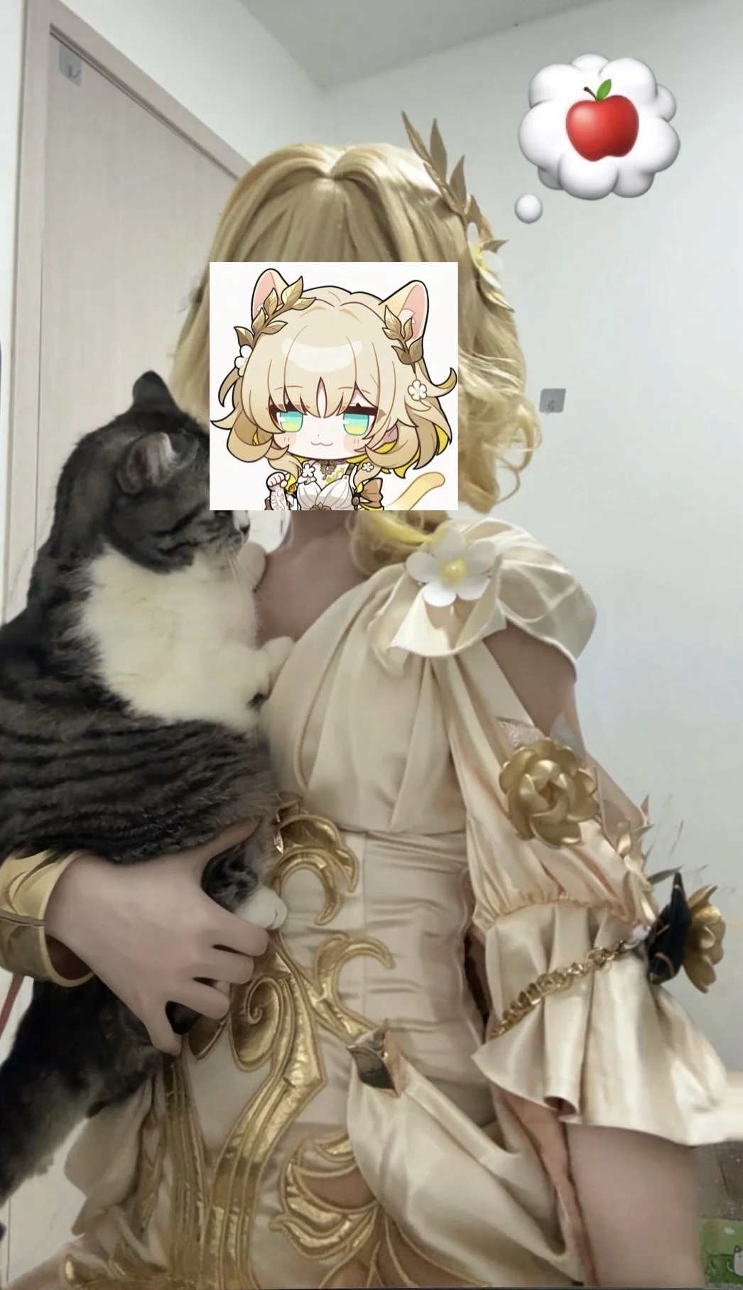 Aglaea Cosplay, Honkai: Star Rail, Cosplay fitting, Pet interaction, Gold dress