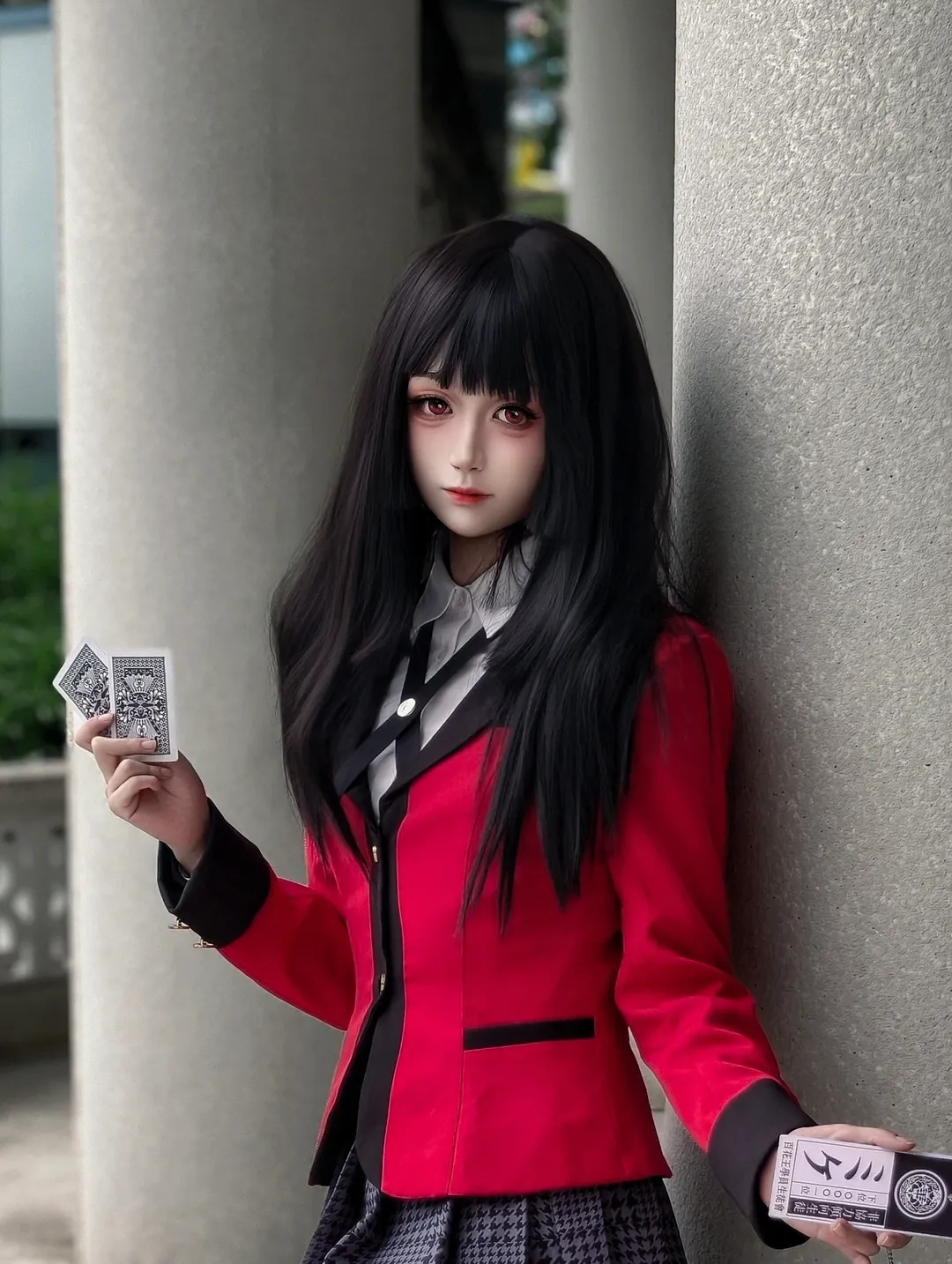 蛇喰梦子cos, 狂赌之渊, 校服cosplay, 扑克牌道具, 红黑穿搭