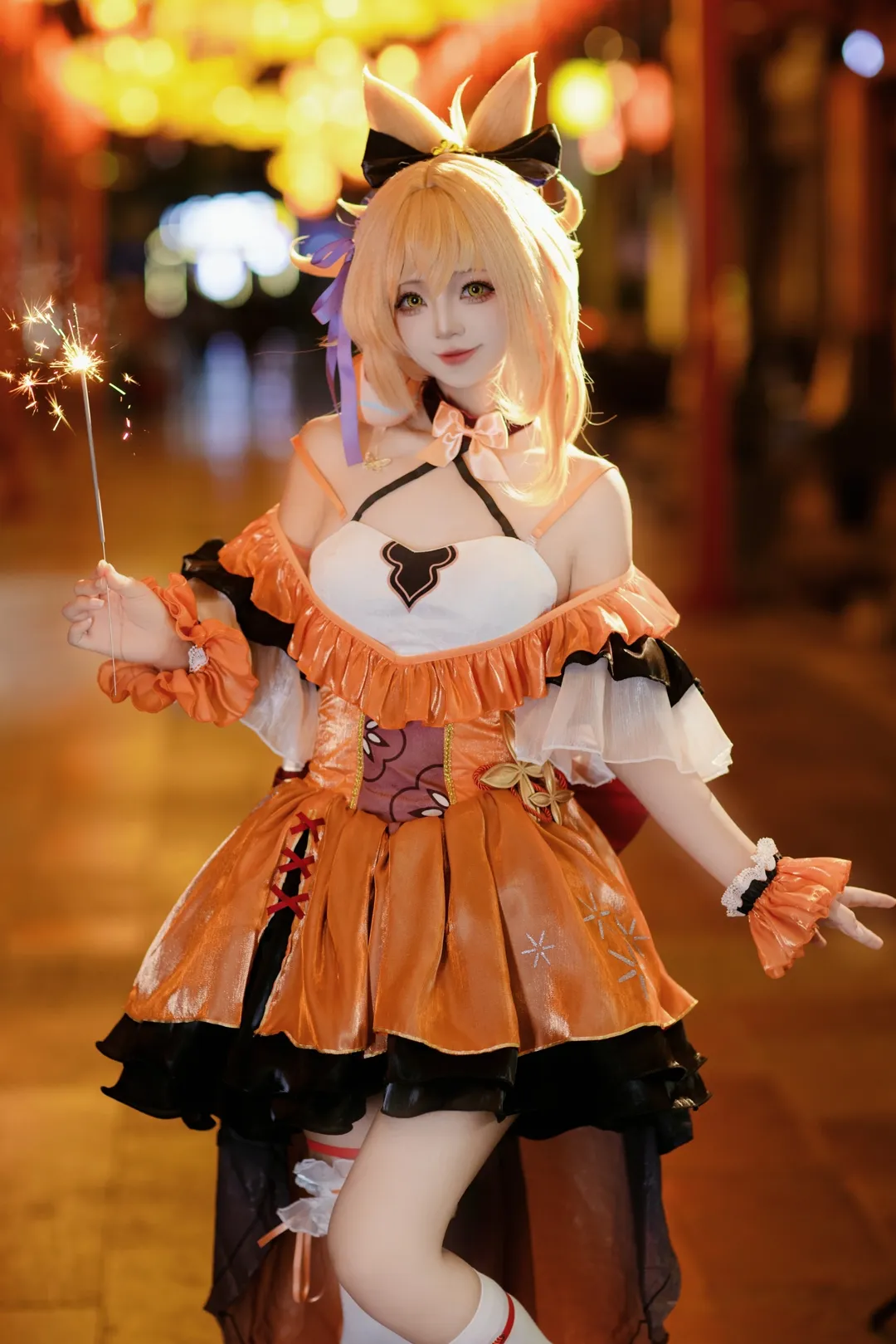 原神, cosplay摄影, 宵宫cos, 和风夜景, 仙女棒氛围照