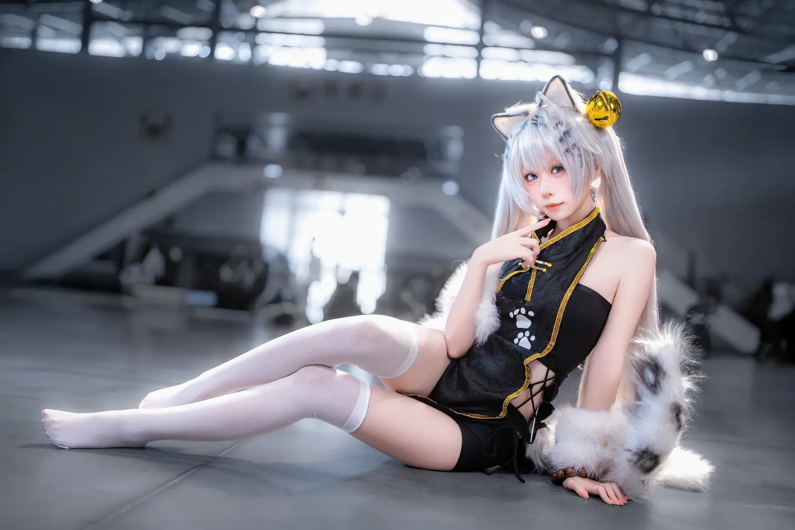 イベント写真, 白虎娘 コスプレ, 中国アニメイベント, 猫耳獣娘, 黒金チャイナドレス