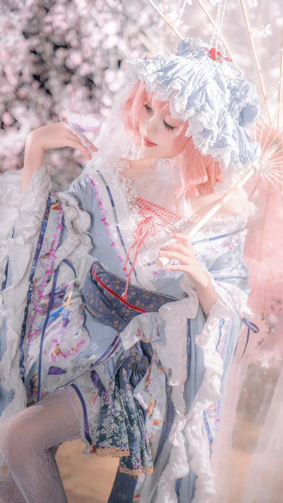 东方Project, 二次元cosplay, 西行寺幽幽子cos, 和风洋装, 夜樱外拍 - 第1张