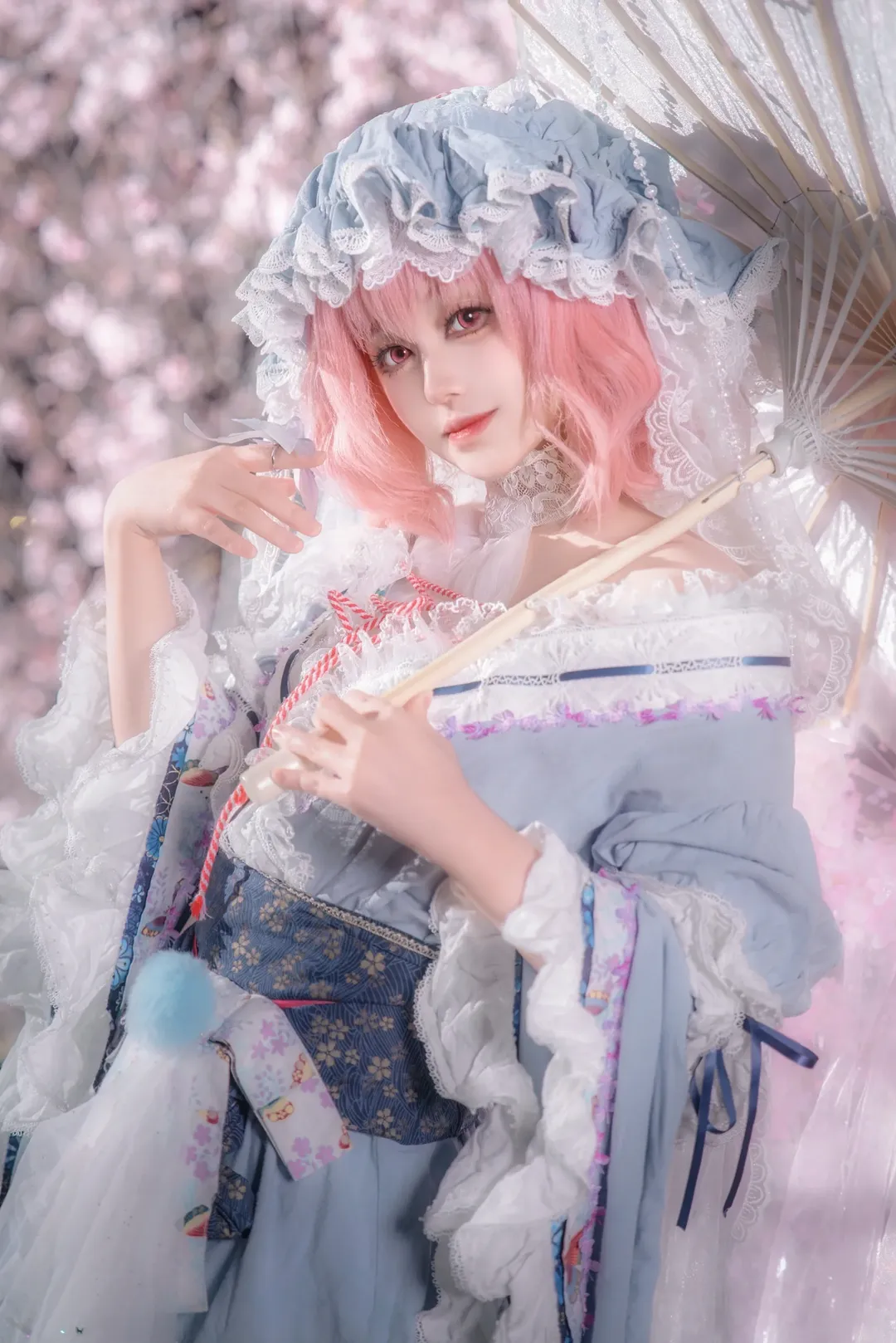 东方Project, 二次元cosplay, 西行寺幽幽子cos, 和风洋装, 夜樱外拍 - 第2张