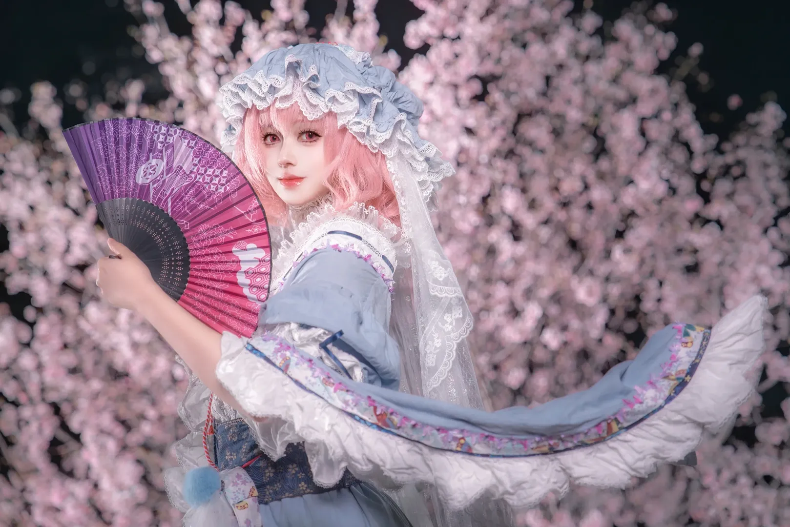 东方Project, 二次元cosplay, 西行寺幽幽子cos, 和风洋装, 夜樱外拍 - 第4张