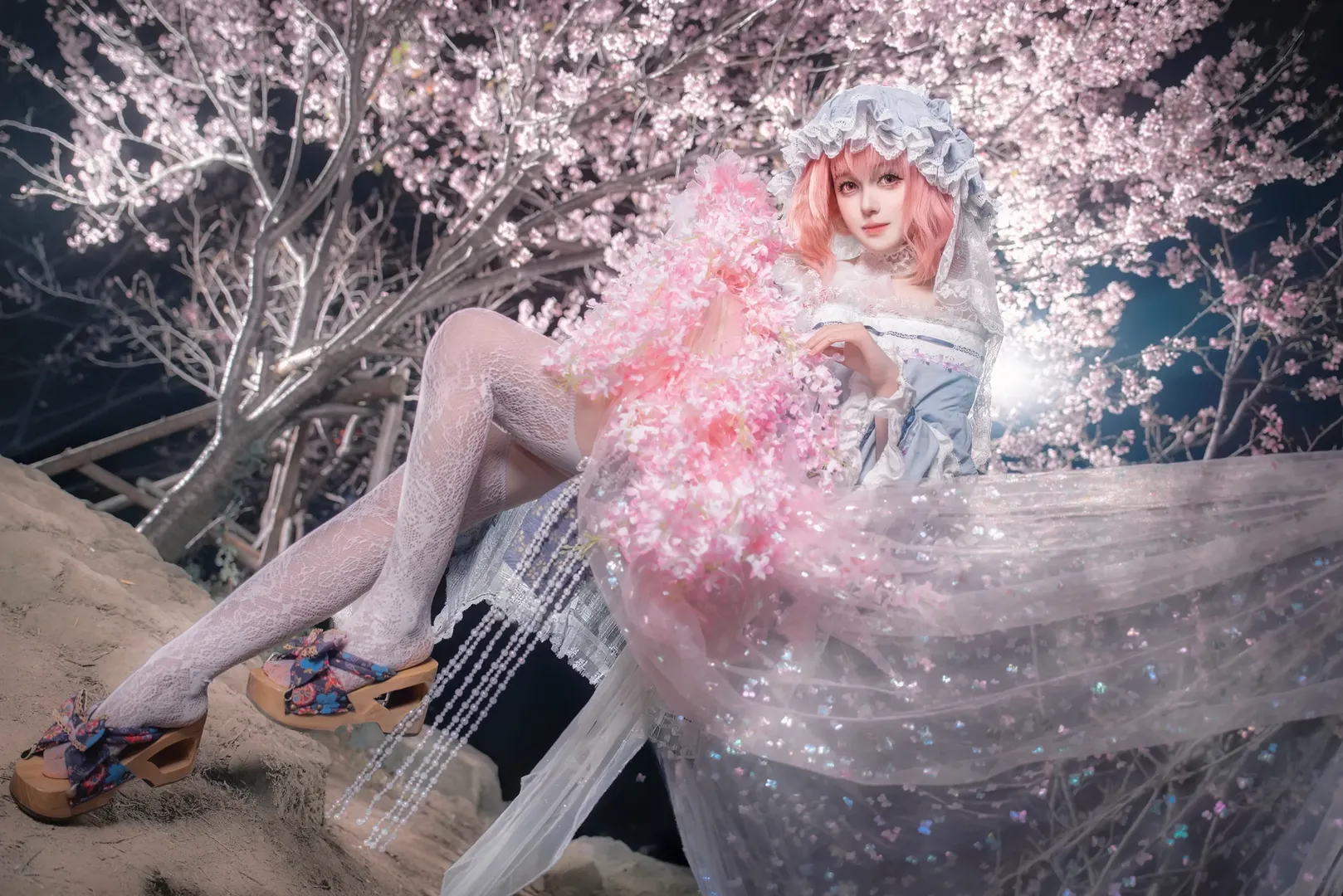 东方Project, 二次元cosplay, 西行寺幽幽子cos, 和风洋装, 夜樱外拍 - 第5张