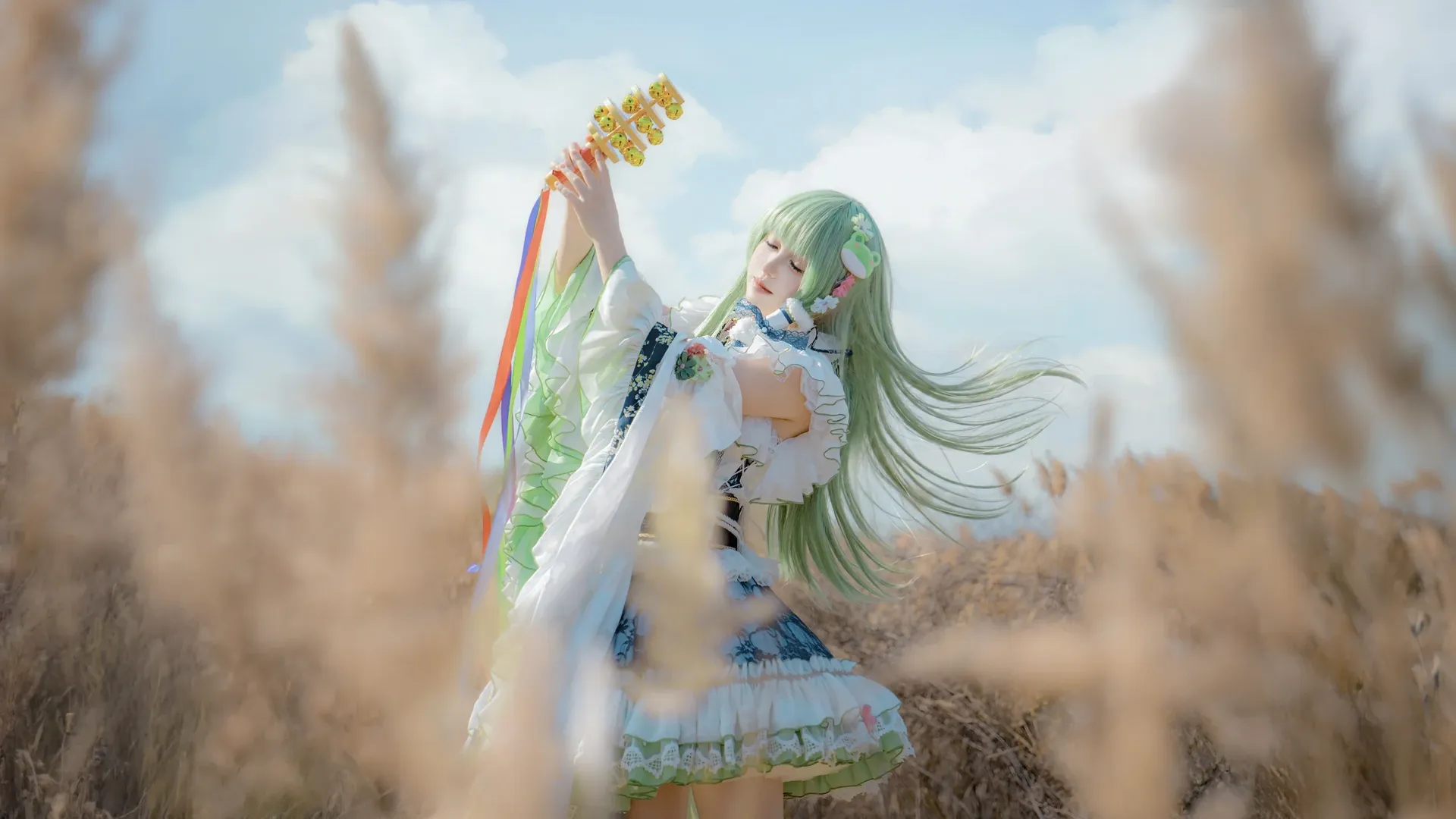 东方project, 二次元Cosplay, 东风谷早苗cos, 外景摄影, 芦苇拍照 - 第7张