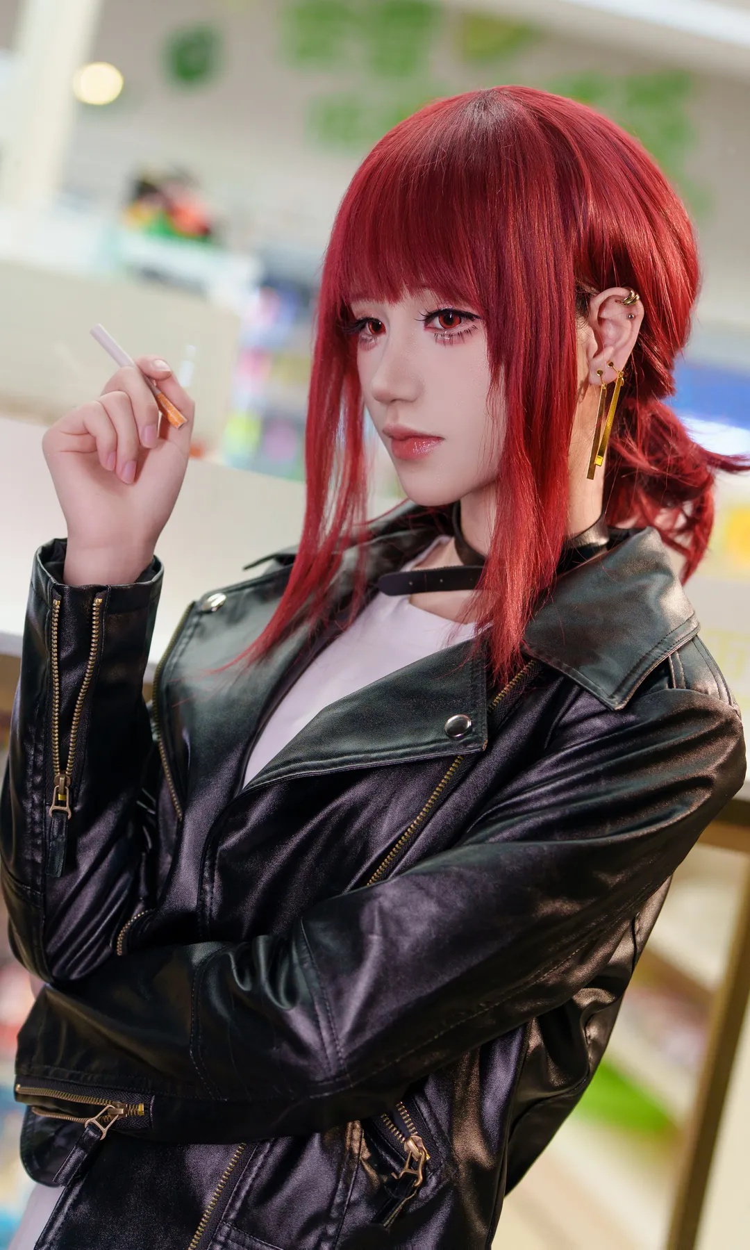 Night portrait, Casual cosplay, Red hair cosplay, Leather jacket outfit, Convenience store photoshoot - Image 1