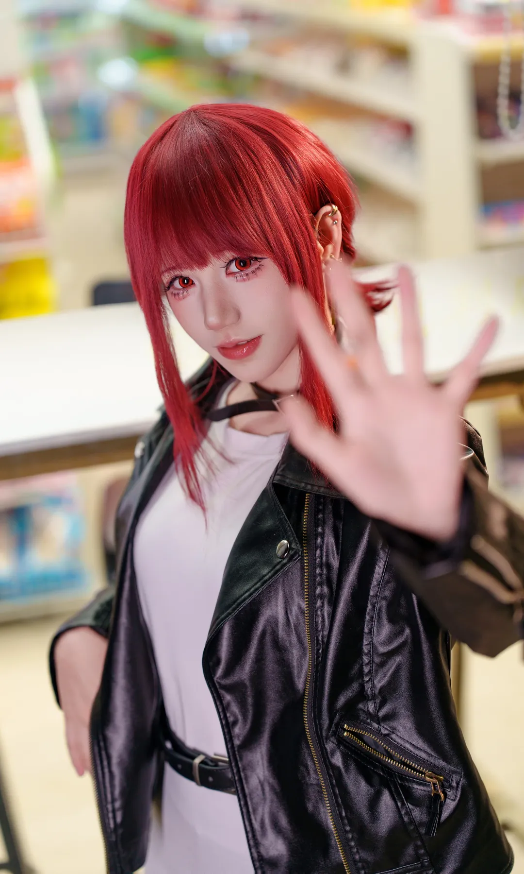Night portrait, Casual cosplay, Red hair cosplay, Leather jacket outfit, Convenience store photoshoot - Image 3