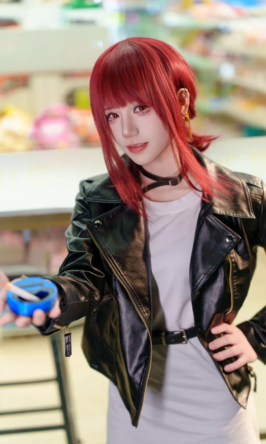 Night portrait, Casual cosplay, Red hair cosplay, Leather jacket outfit, Convenience store photoshoot - Image 4