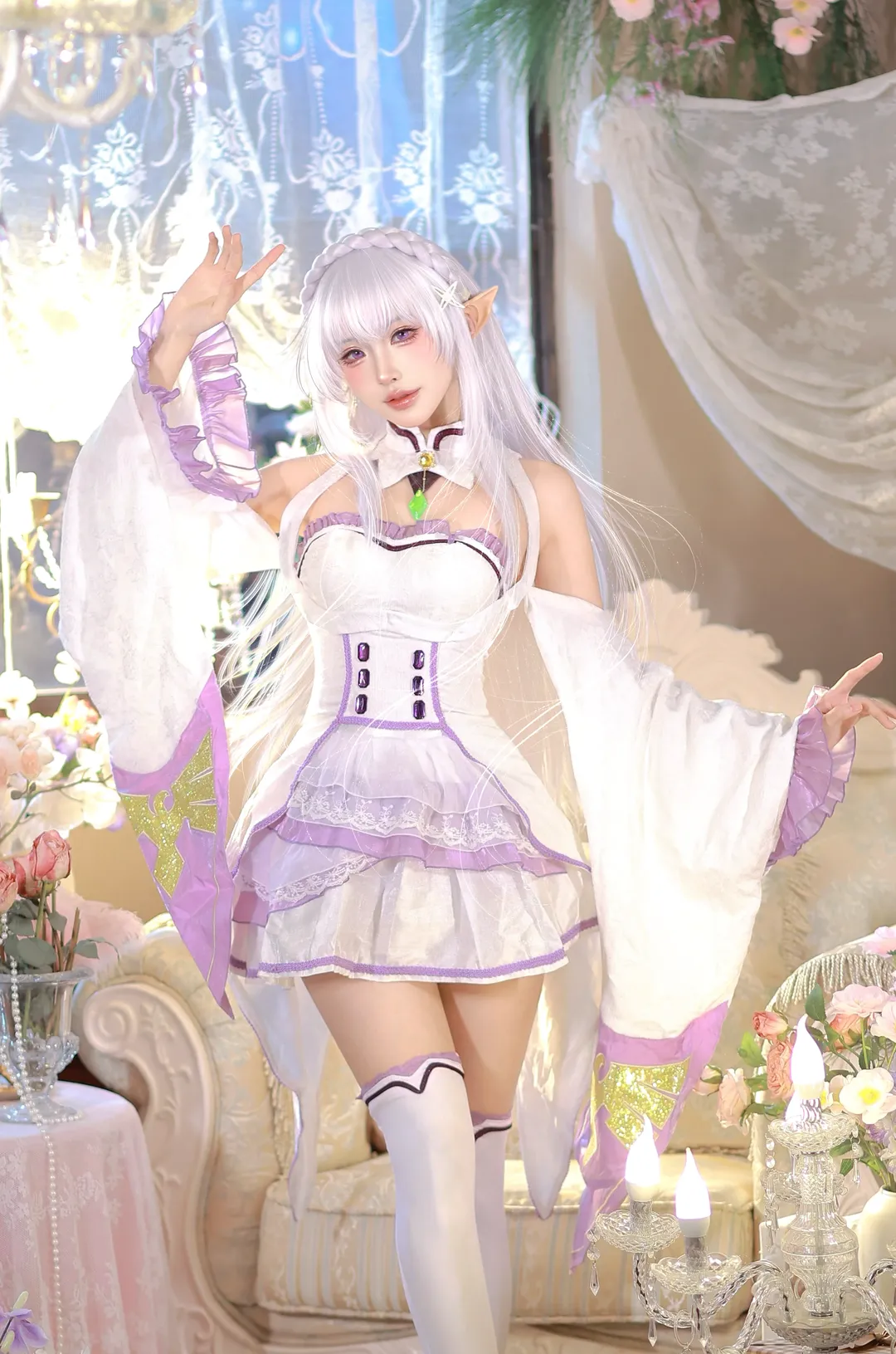 Re:ZERO -Starting Life in Another World-, Emilia cosplay, Elf ears cosplay, White stockings cosplay, Ethereal clothing