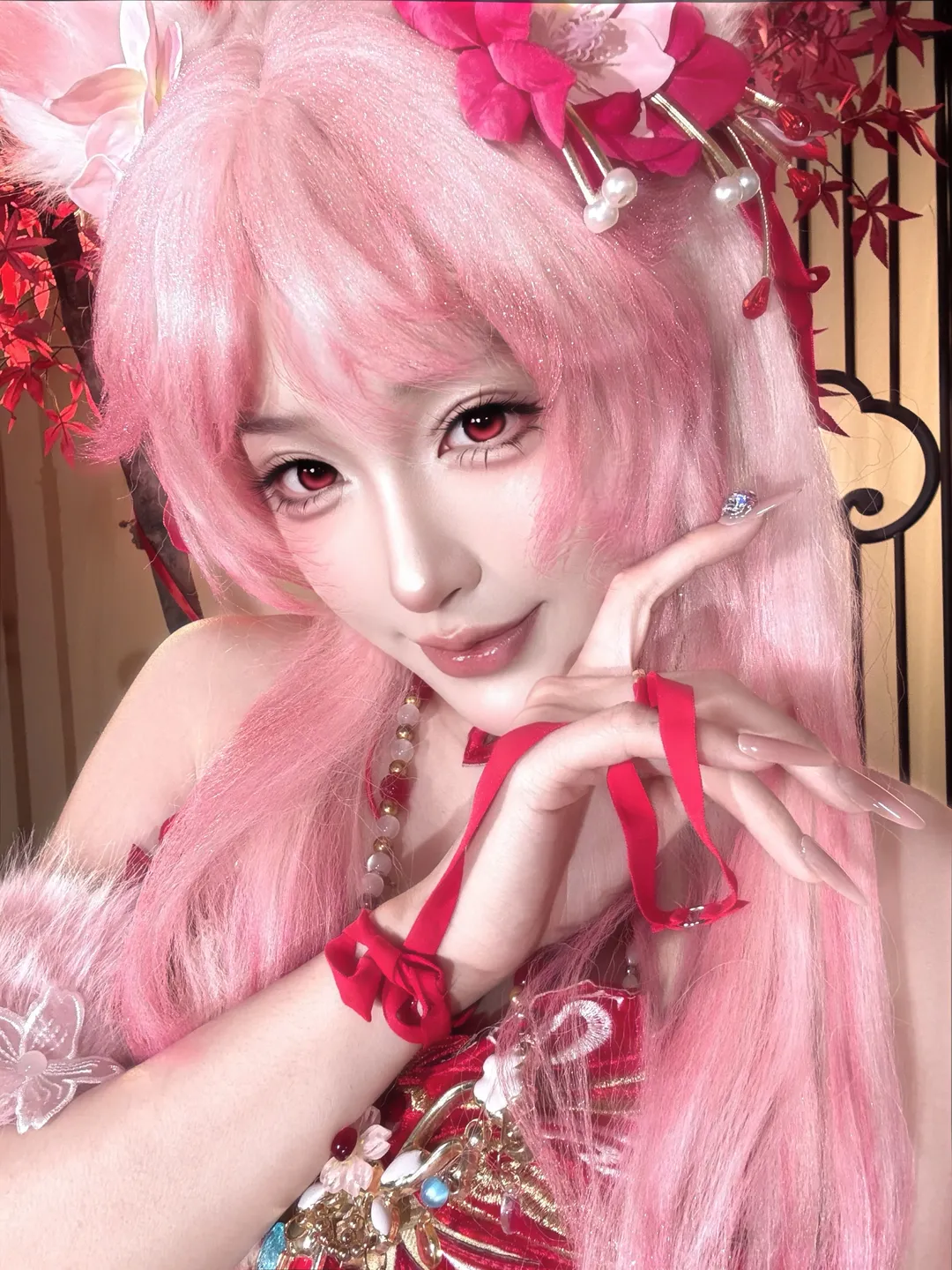 玉玲珑コスプレ, NARAKA: BLADEPOINT, 古風コスプレ, 喜縁紅線, ピンク髪赤目 - 1枚目