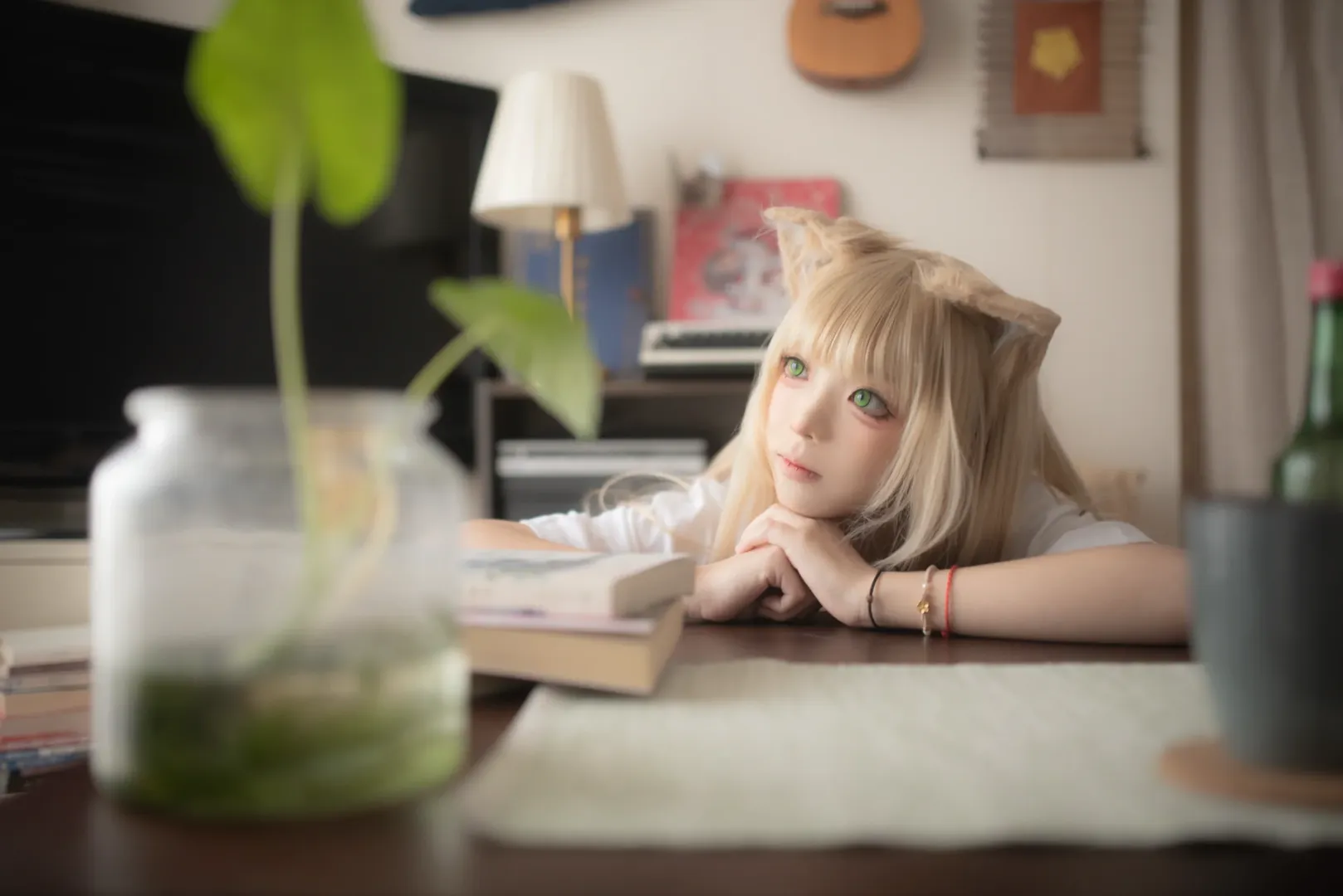 二次元少女, 猫耳cos, 重庆约拍, 居家风摄影, 白T恤穿搭 - 第8张