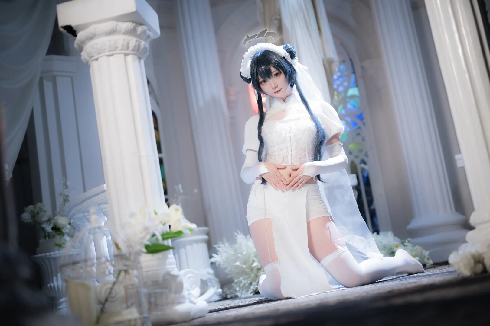 Anime-style photography, Blue Archive, Misaki cosplay, Church scene, Shiromuku style - Image 10