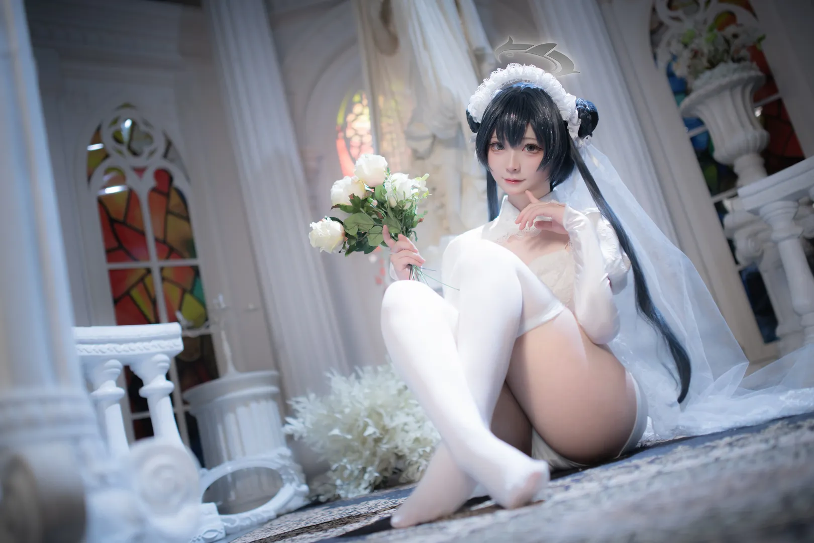 Anime-style photography, Blue Archive, Misaki cosplay, Church scene, Shiromuku style - Image 14