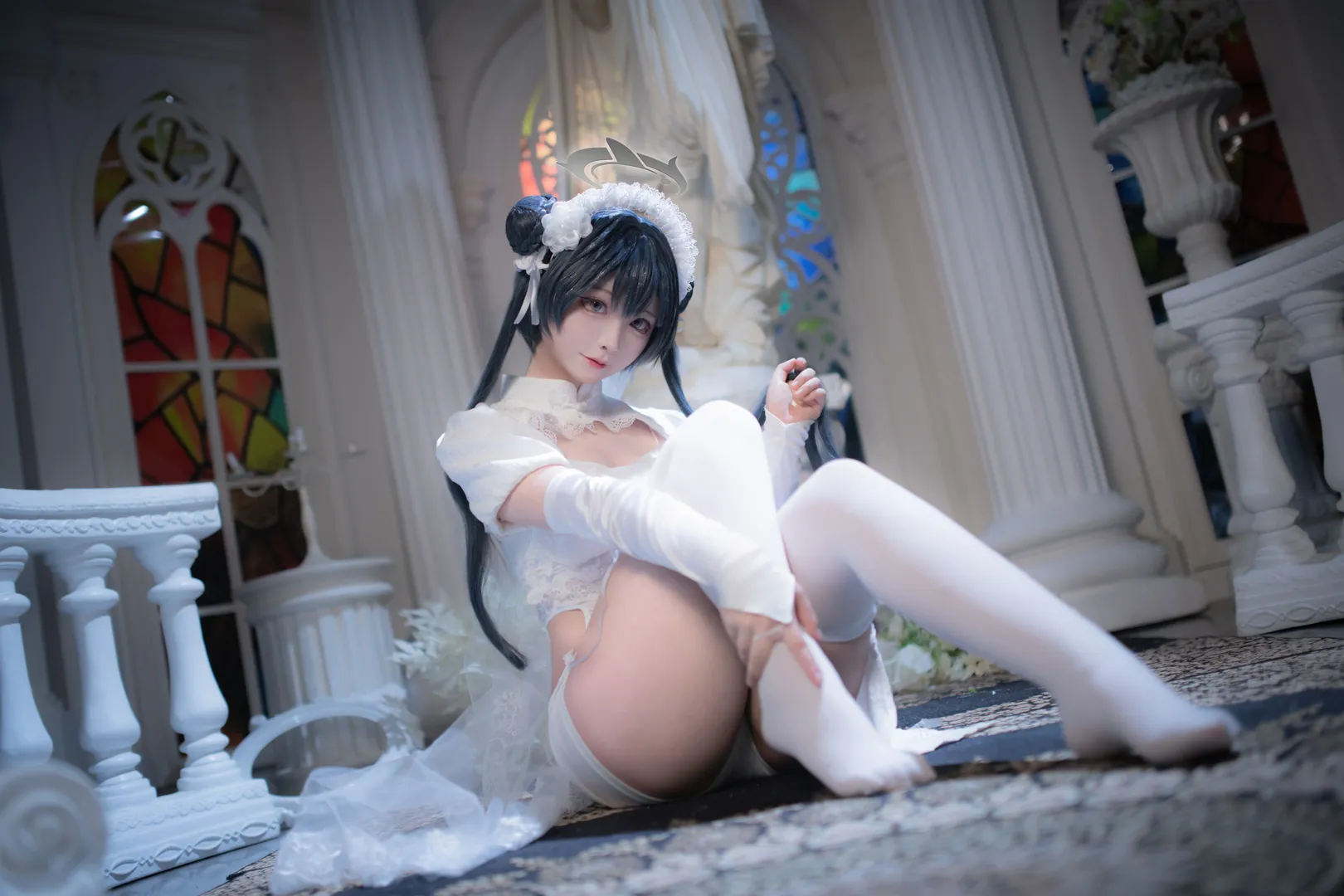 Anime-style photography, Blue Archive, Misaki cosplay, Church scene, Shiromuku style - Image 15