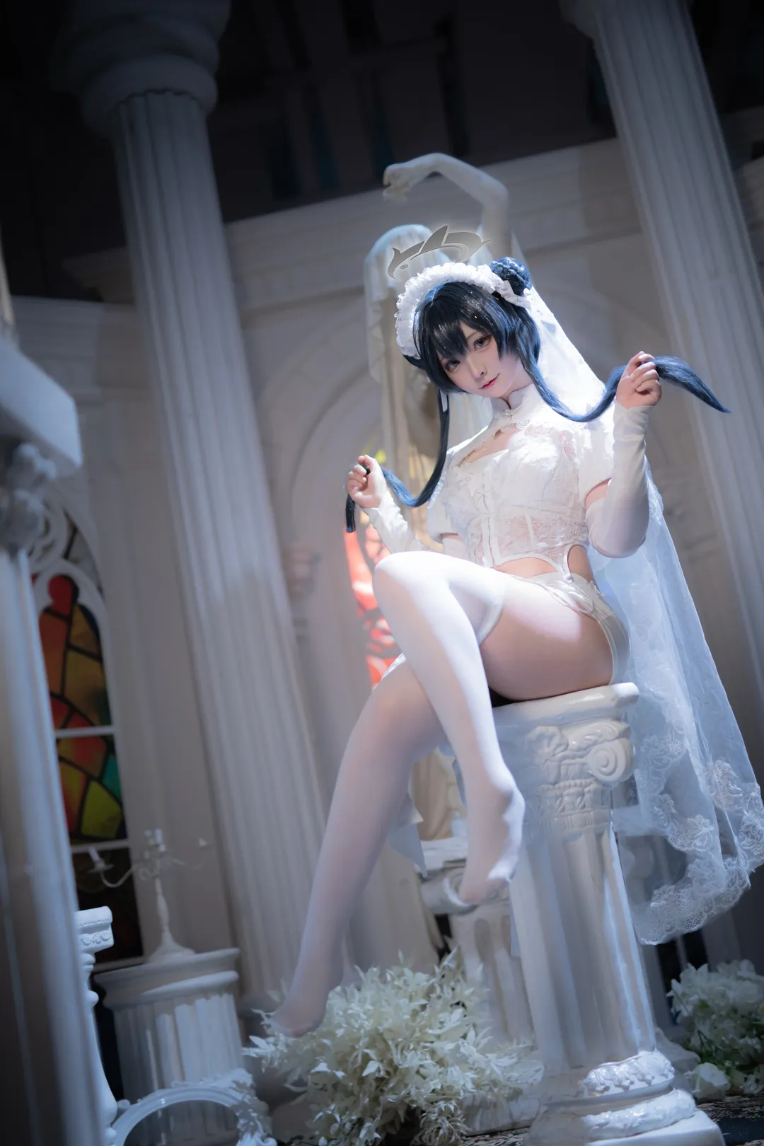 Anime-style photography, Blue Archive, Misaki cosplay, Church scene, Shiromuku style - Image 2